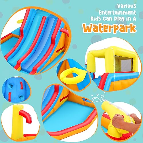 Miniatura 5 de AKEYDIY Tobogán acuático inflable de doble carril, tobogán acuático de rebote para niños de 3 a 12 años, parque acuático con tobogán de carreras