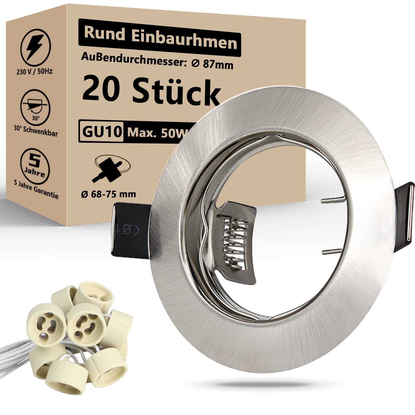 HiBay 20er Set LED Einbaustrahler 230v GU10 Einbaurahmen Rund Gebürstet Edelstahl Einbauspots Inkl. GU10 Fassung für LED oder Halogen Leuchtmittel