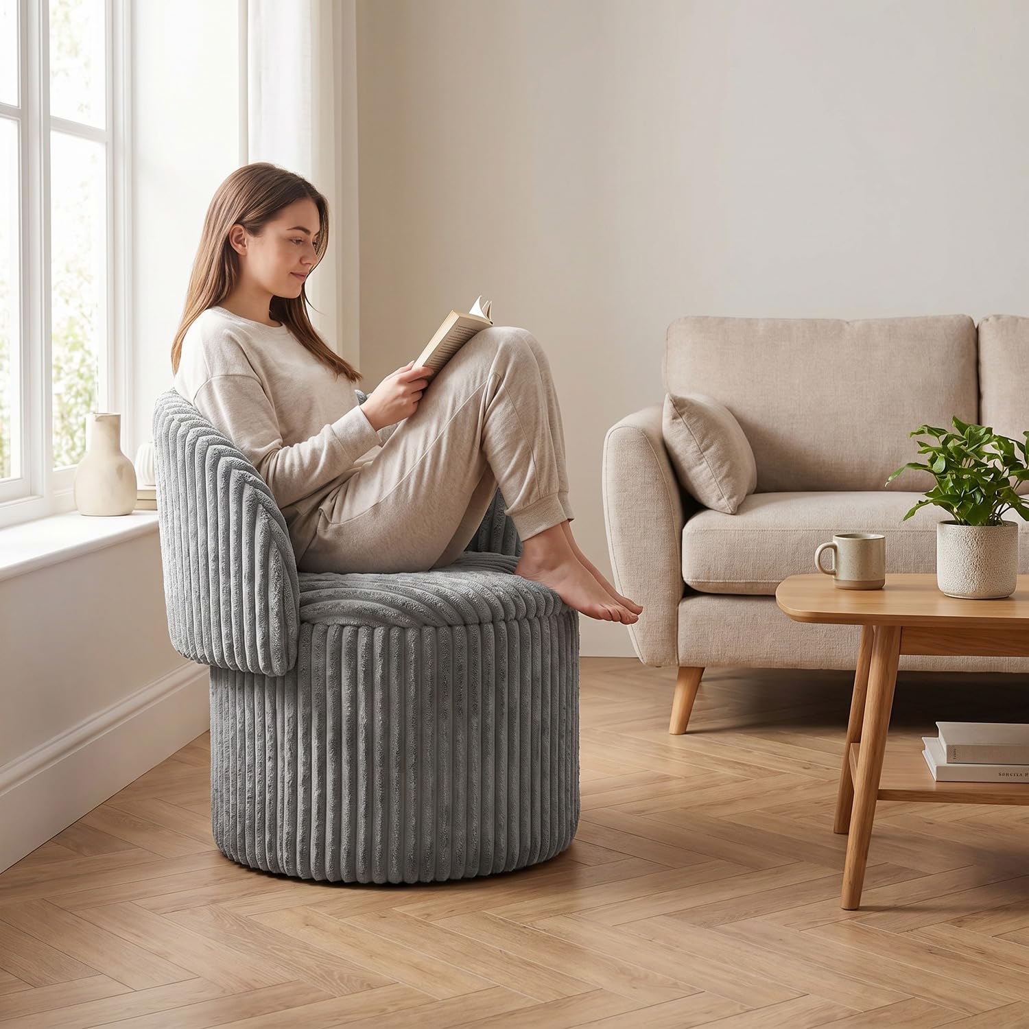 BLOOM BLENDS Teddy Boucle Tub Chair With Hidden Storage, Round Vanity Seat With Curved Back and Lift-Off Lid, Wooden Frame, 150kg, 46 x 62 cm (Harp Silver (XL)) — image 1