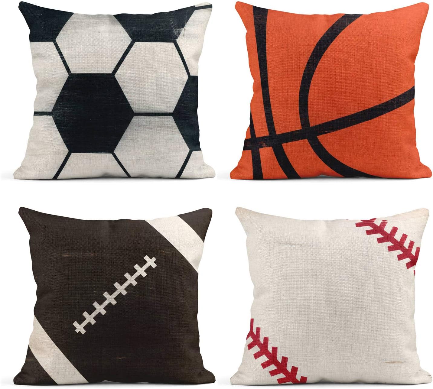 Emvency Tarolo Set of 4 Linen Throw Pillow Cover Case Rustic Soccer Baseball Football Decorative Pillow Cases Covers Home Decor Square 18 x 18 Inches Pillowcases