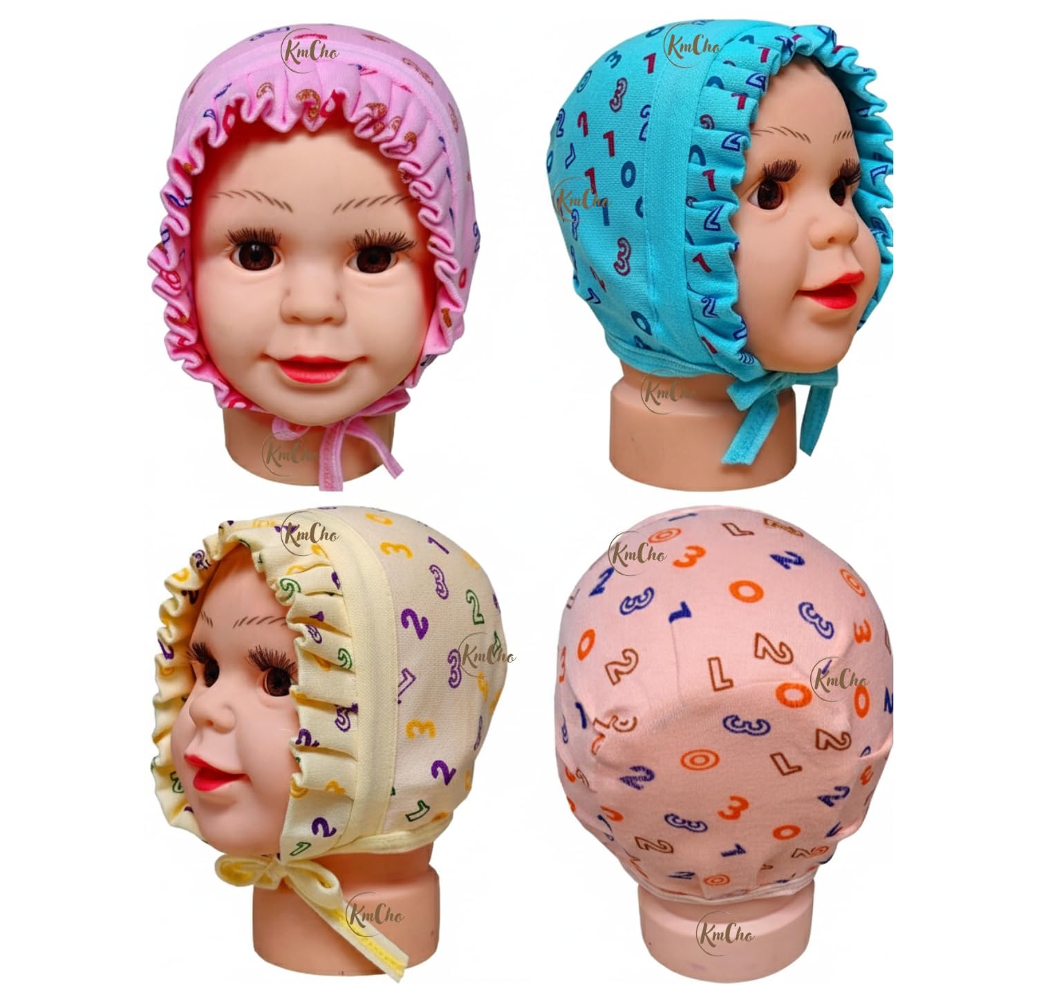 KmCho Baby Caps for Newborn Baby (0-3 Months) | Soft Cotton Infant Cap | Breathable Stretchable Beanie Hat for Boys & Girls | Gentle on Sensitive Skin | Daily Wear | Pack of 4-DN2 3