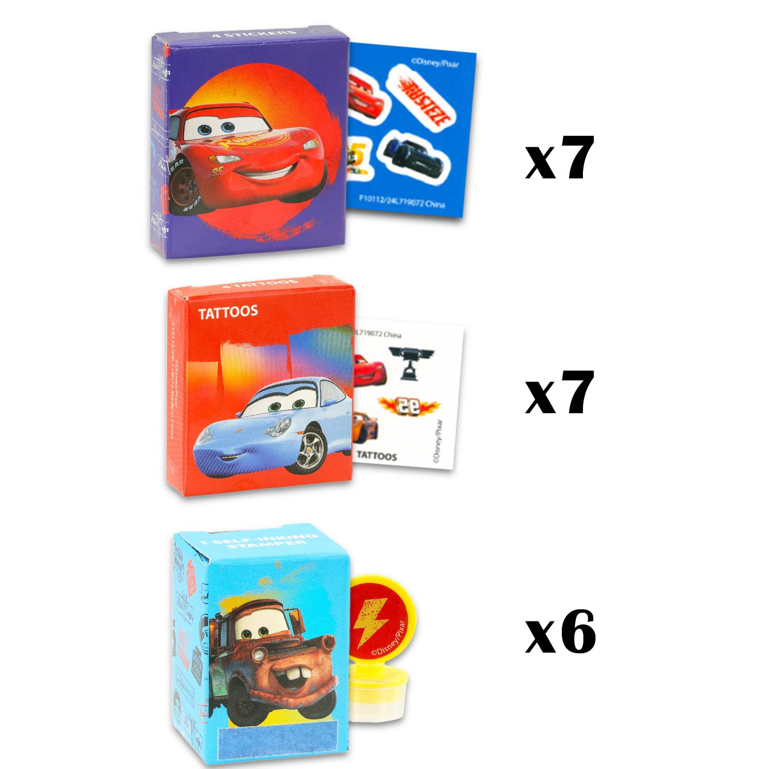 Disney Auto-Partygeschenke für 20 Gäste, 20 Stück, Lightning McQueen, Geschenkboxen mit Aufklebern, Tattoos und Stempeln für Kindergeburtstag, Auto-Partyzubehör und Dekorationen, Kombi-Pack