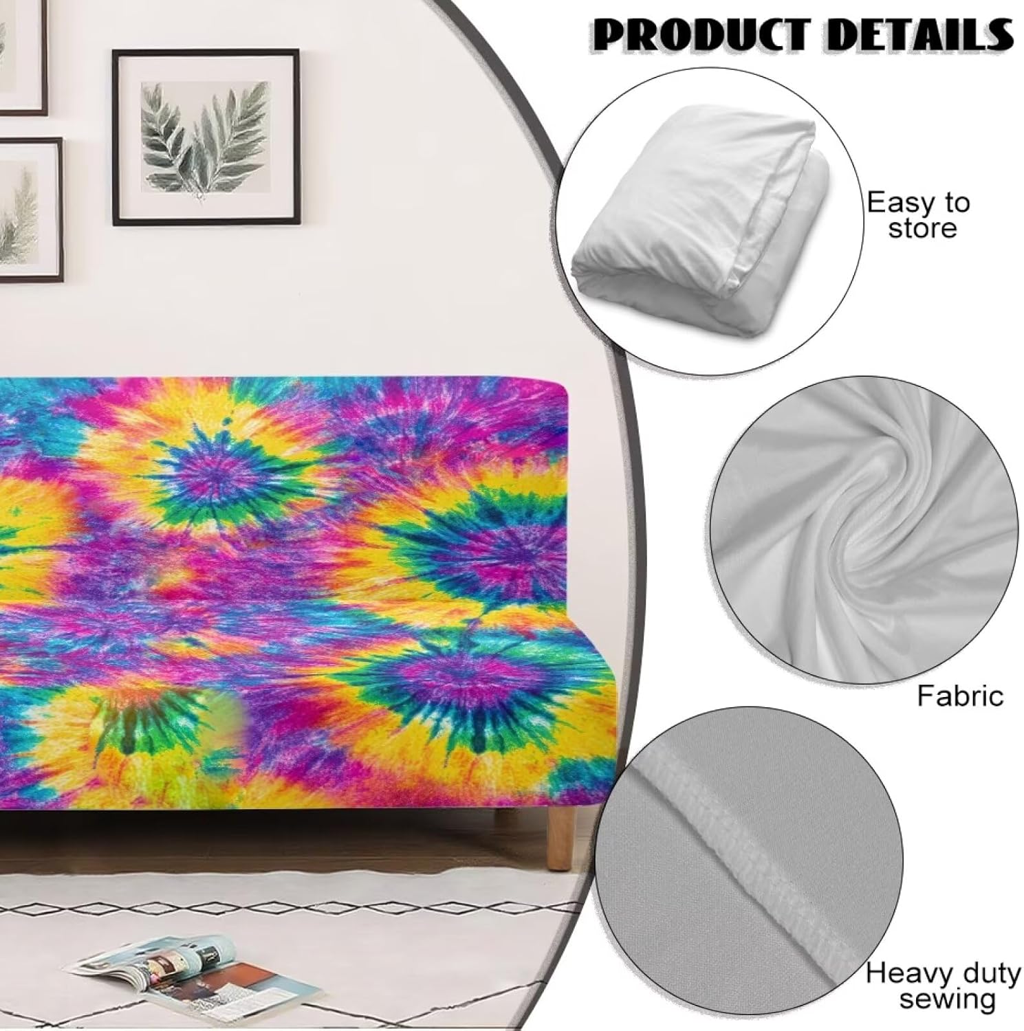 Rainbow Tie Dye Print Stretch Armless Futon Cover Sofa Couch Slipcovers Folding Armless Sofa Bed Slipcovers Furniture Protector Machine Washable