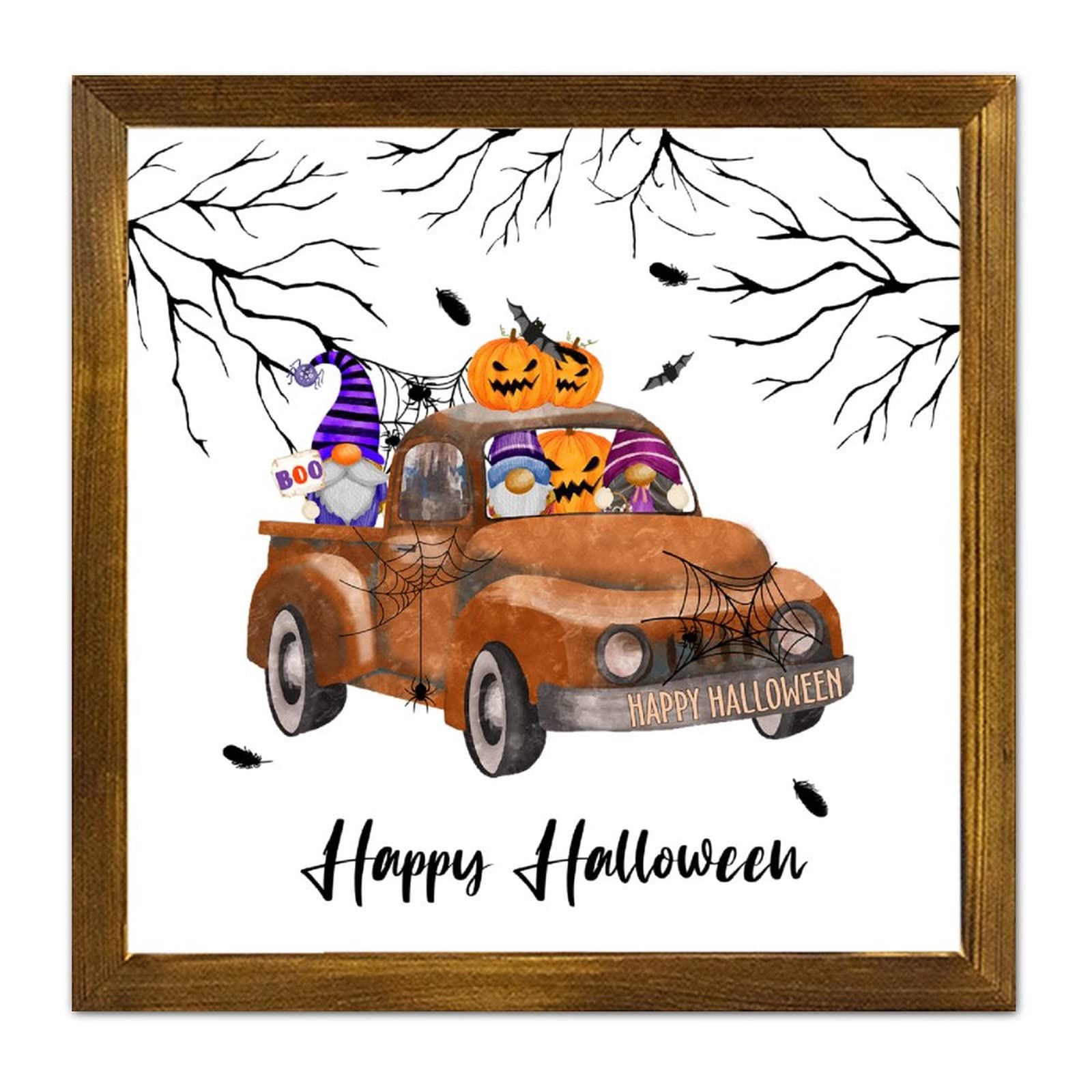 Cadeau Halloween original : tableau en bois de 30cm avec camion de citrouilles