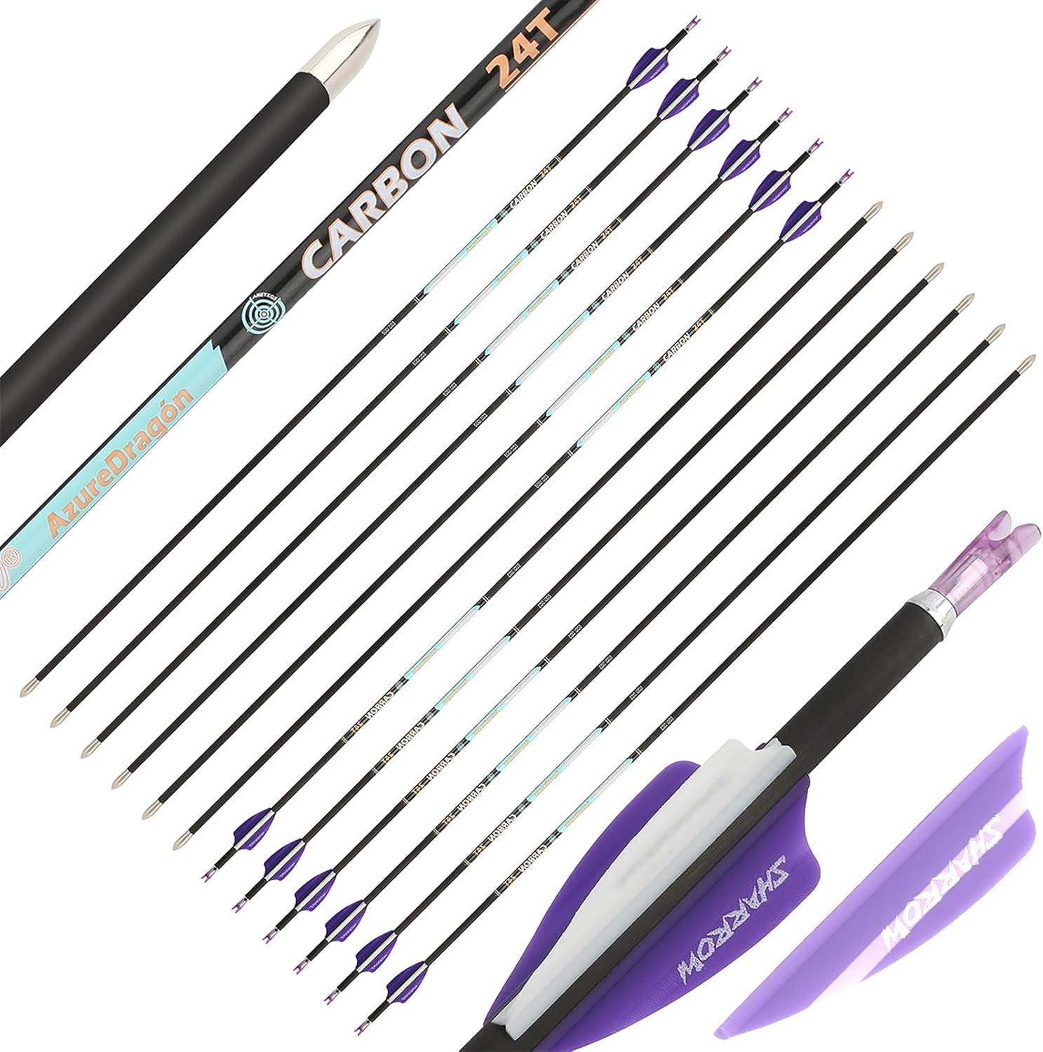 24T Pure Carbon Arrows with 1.75 inch Air Channeling Ribbed Vanes, Specifically Compound & Recurve Bow Designed Outdoor Archery Hunting Arrows (+/-.001" Straightness, 2 Purple & 1 White, 400 Spine)