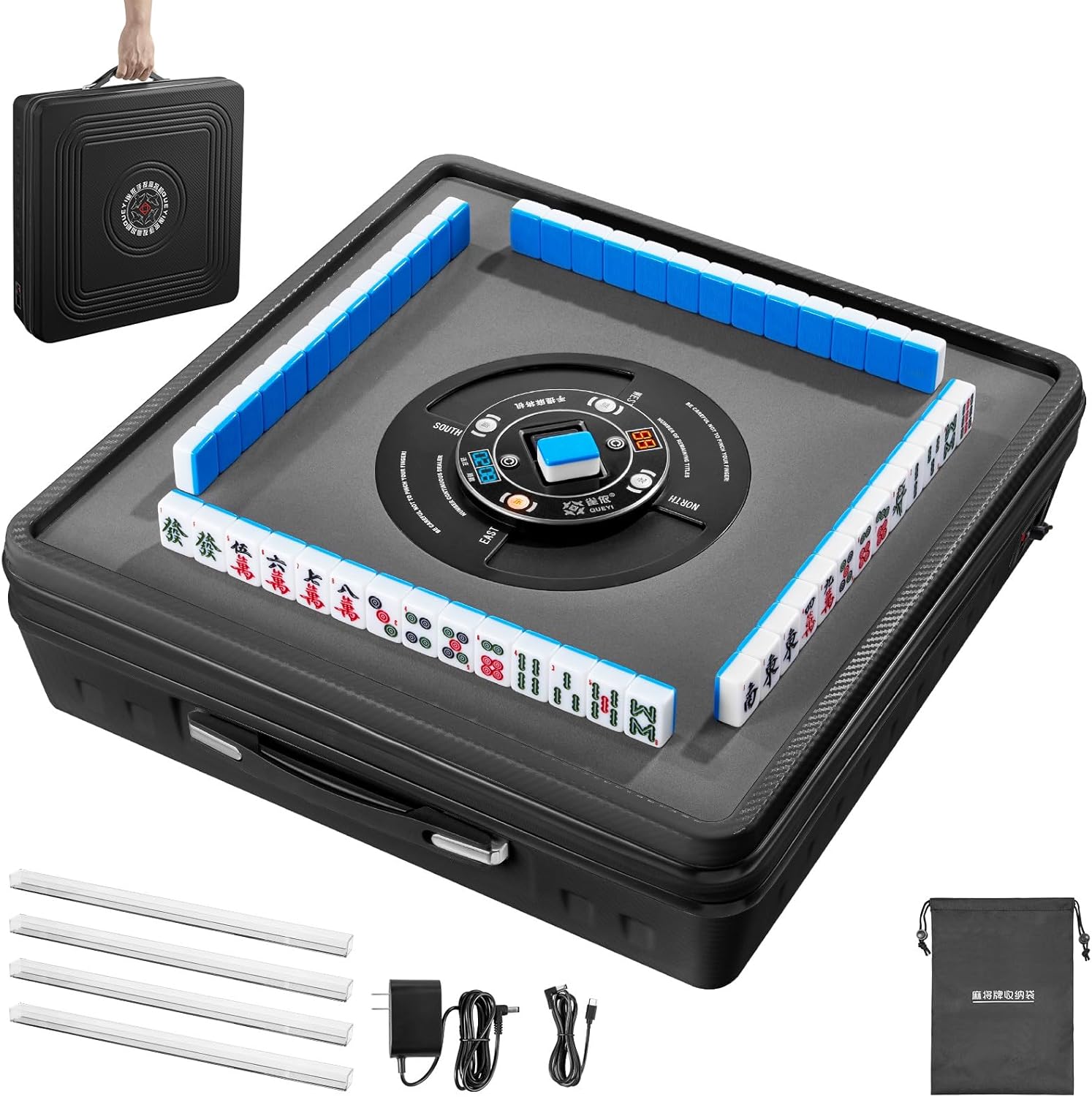 Matte Black Portable Automatic Mahjong Table - 152 Magnetic Tiles, Effortless Auto Shuffle, Ideal for American & Chinese Mahjong, Home Entertainment & Family Gatherings