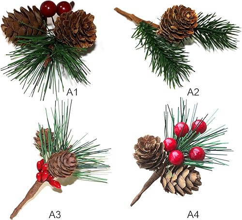 Miniatura 9 de 20 púas de pino artificiales, mini ramas de pino de Navidad de 3 pulgadas con conos de pino, bayas rojas, ramitas en aerosol de bayas sintéticas