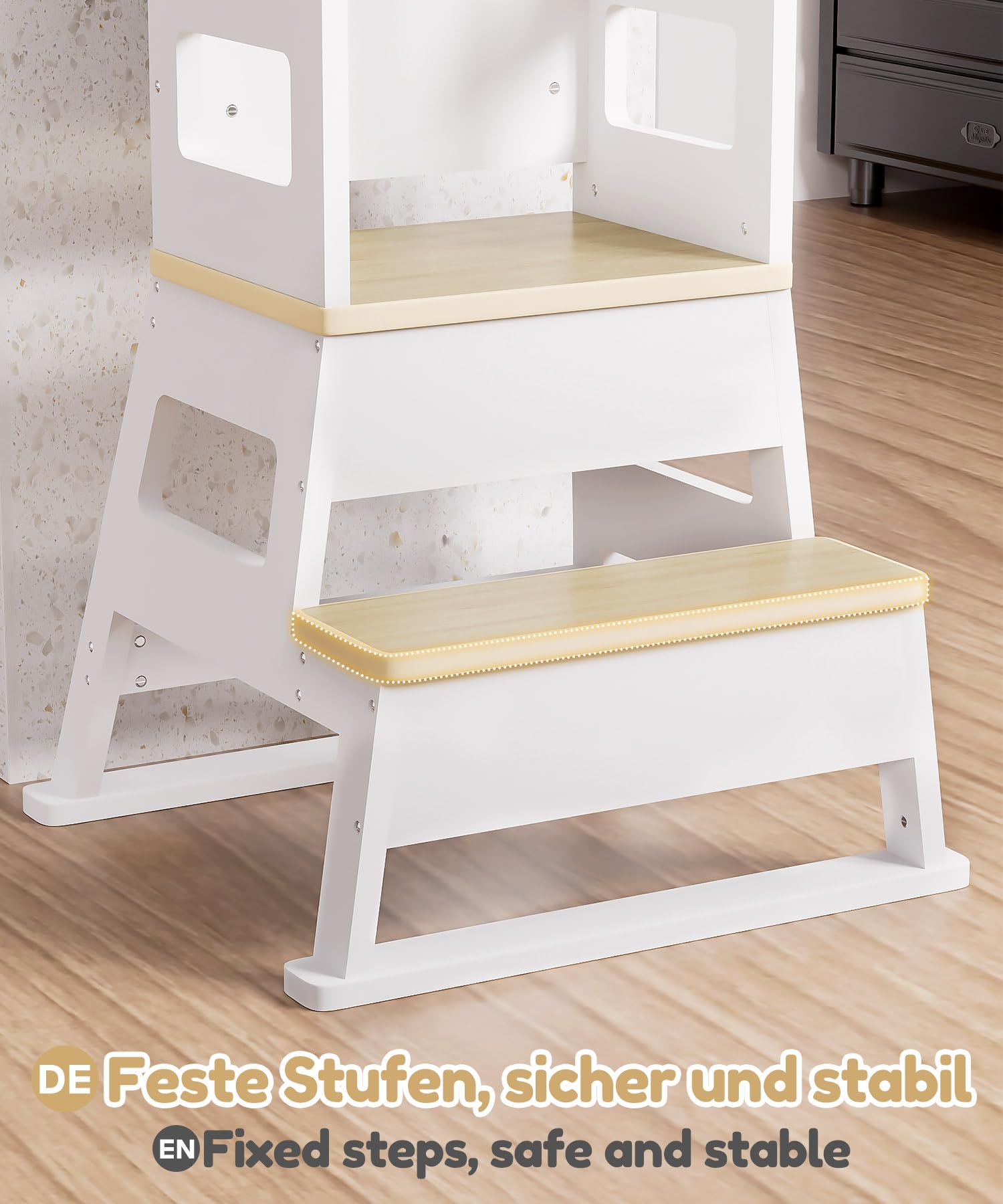 Yorbay Torre de aprendizaje para niños a partir de 1 año: elegante Torre de aprendizaje con pizarra, sólida Montessori Torre de aprendizaje para niños, con 2 niveles y barra de seguridad, para cocina