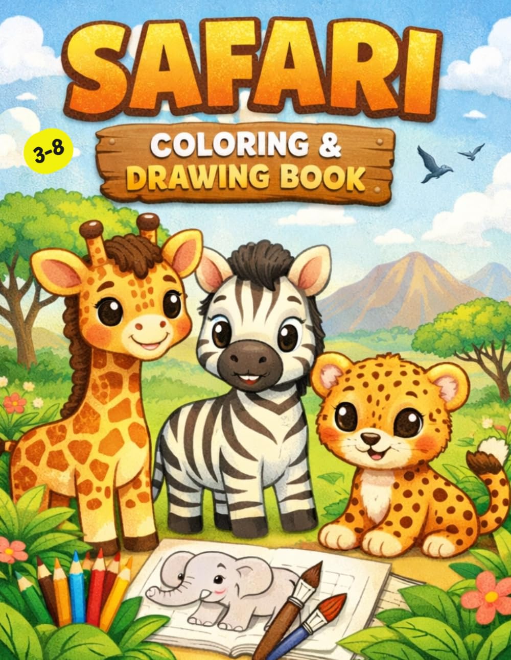 Safari Coloring & Drawing Book for Kids Ages 3-8: 80+ Fun Safari Animals Coloring Pages for Boys and Girls | Giraffe, Zebra, Lion, Cheetah, Elephant and More!