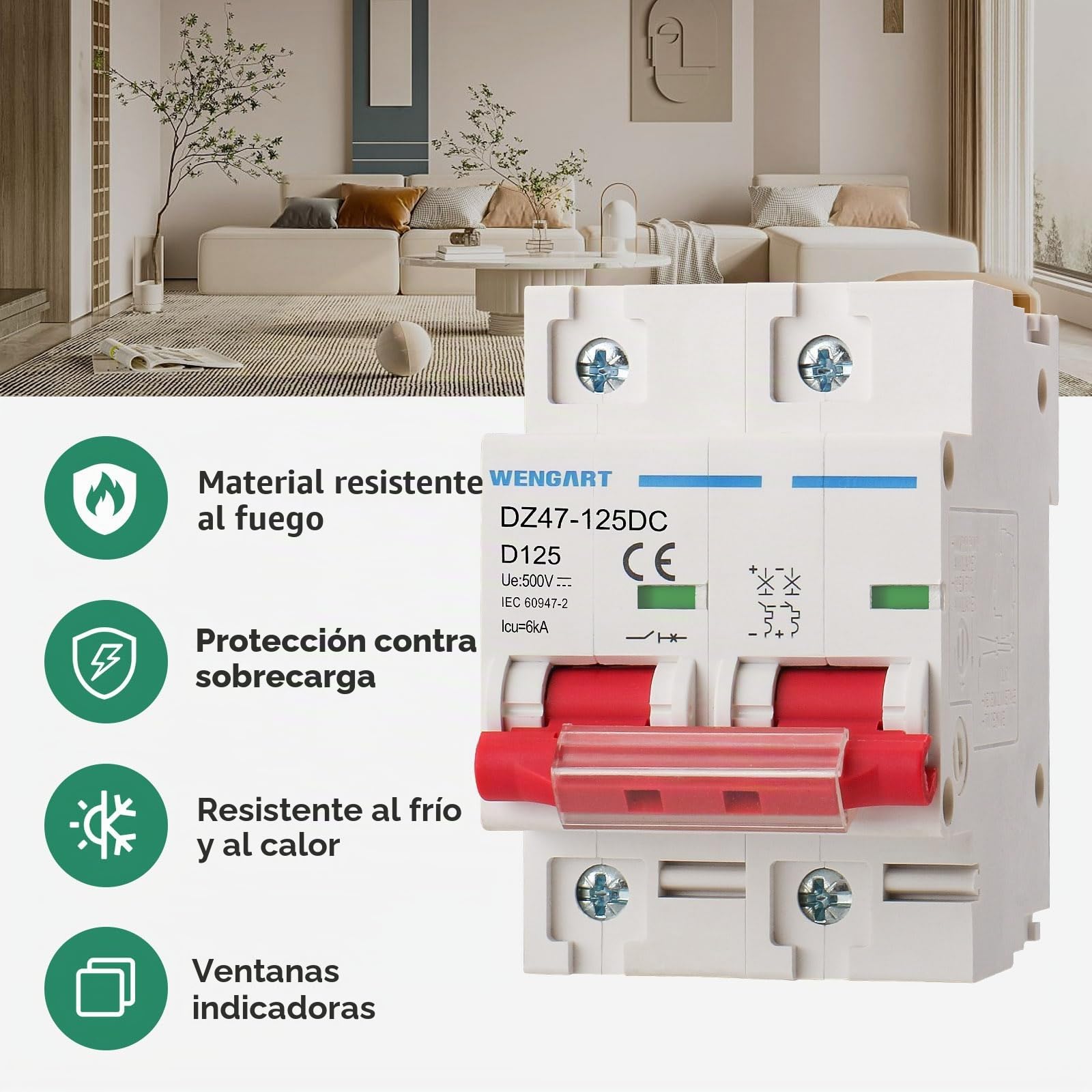 Wengart Disyuntor de CC 125A 2P 500V, Interruptor Automático Magnetotérmico para Paneles Solares y Protección de Baterías de Litio, Protección Fotovoltaica para Carril DIN, Serie DZ47-125DC