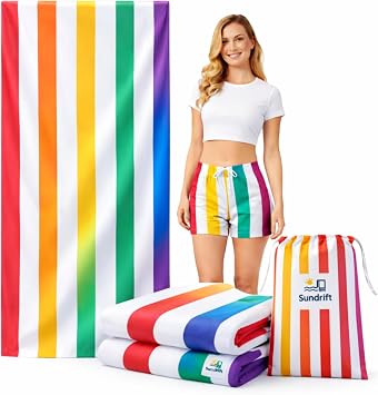 Microfiber Oversized Beach Towel 71x36in Sand Free Quick Dry, Lightweight, Fast Absorbent Soft Striped Cabana Towel for Beach, Camping, Swimming, Yoga, Sports Rainbow