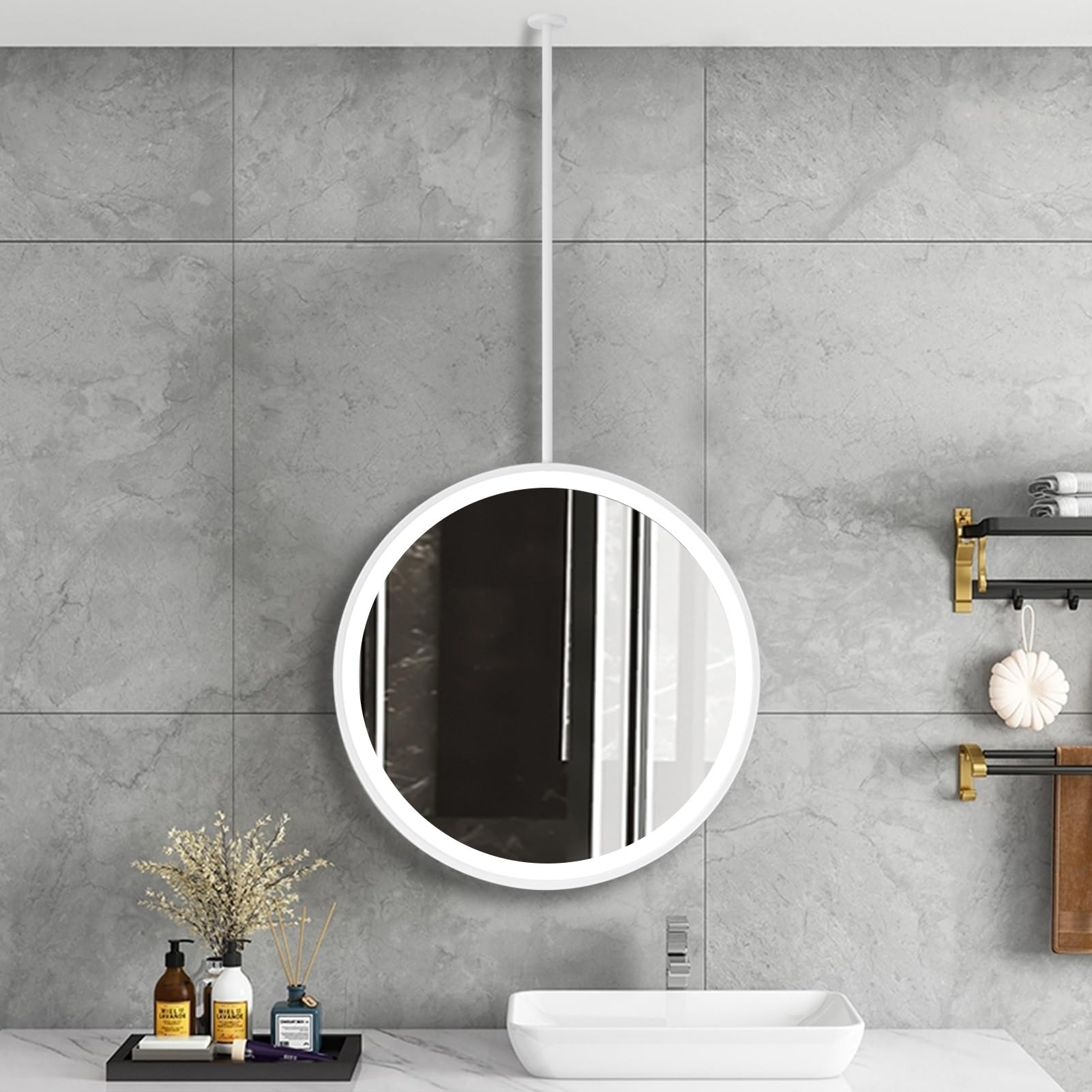 ITOSUI Hanging Rod Mirror with Light, LED Round Mirror Vertical Mounted Wall Mirror, Metal Frame Vanity Mirrors Decorative Suitable for Bathroom Living Room, HD Glass Mirror(Diameter-50CM/19.7INCH)