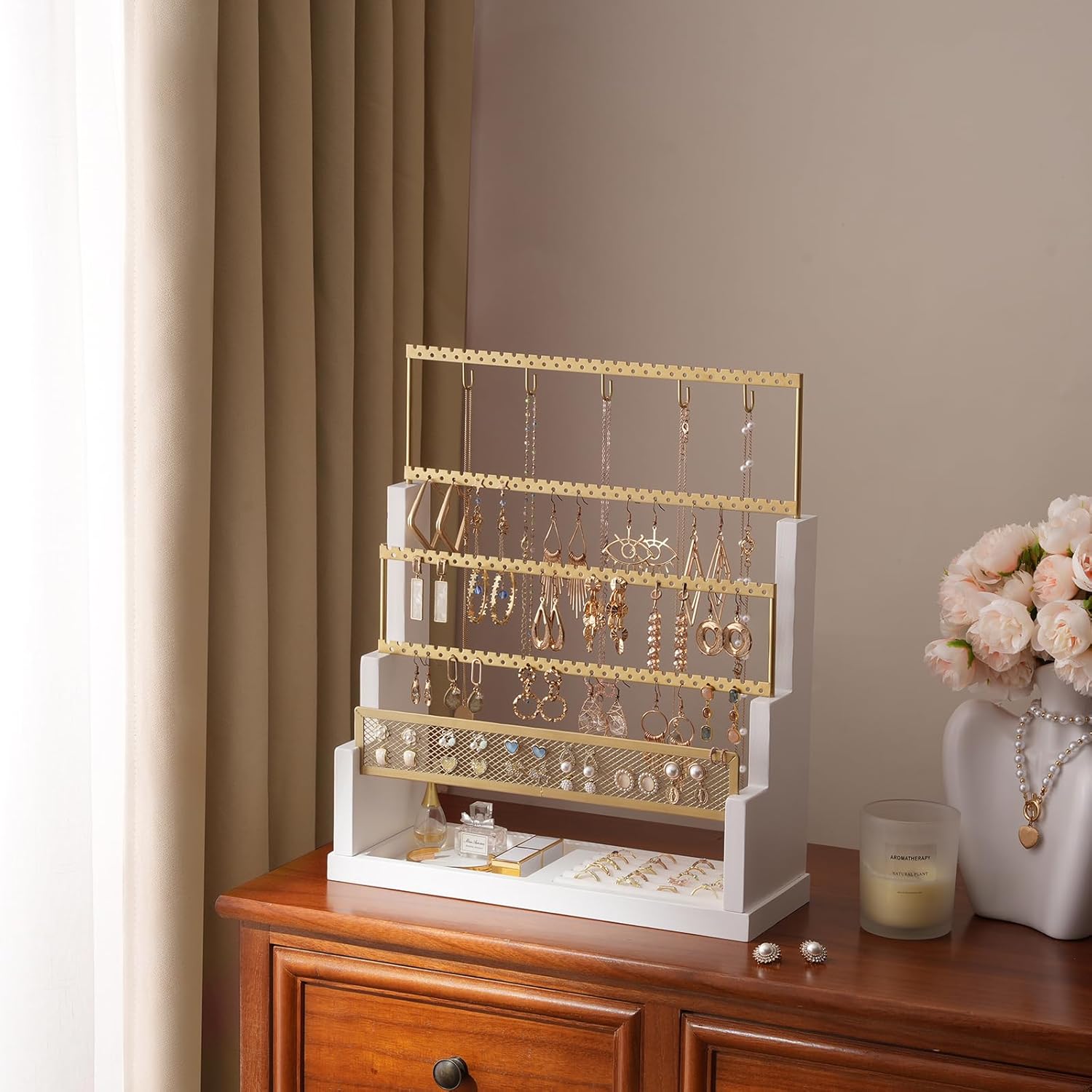 Lolalet Earring Holder Stand, Home Decor 5 Tiers Jewelry Organizer Rack for Stud Earring Necklace Bracelet Wooden Rustic Display Storage with Velvet Ring Tray,Up to 90 pairs of earrings -White