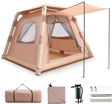 Oryxearth Inflatable Tent with Window & Pump for Quick Installation, 87" x 87" x 67" Waterproof Oxford Inflatable House for Camping, Suitable for 3-6 Person, Off-White