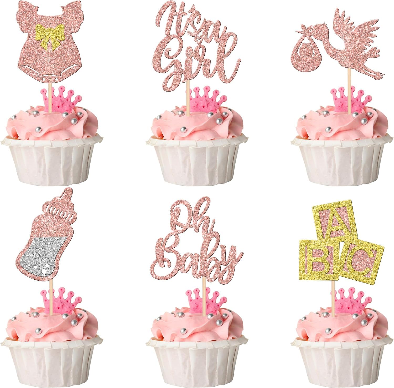 SYKYCTCY 30 Pack Baby Shower Cupcake Toppers It's a Girl Cupcake Picks Glitter Bow Dress Bottle Cake Picks Decorations for Gender Reveal Baby Shower Girls Birthday Party Supplies Rosegold