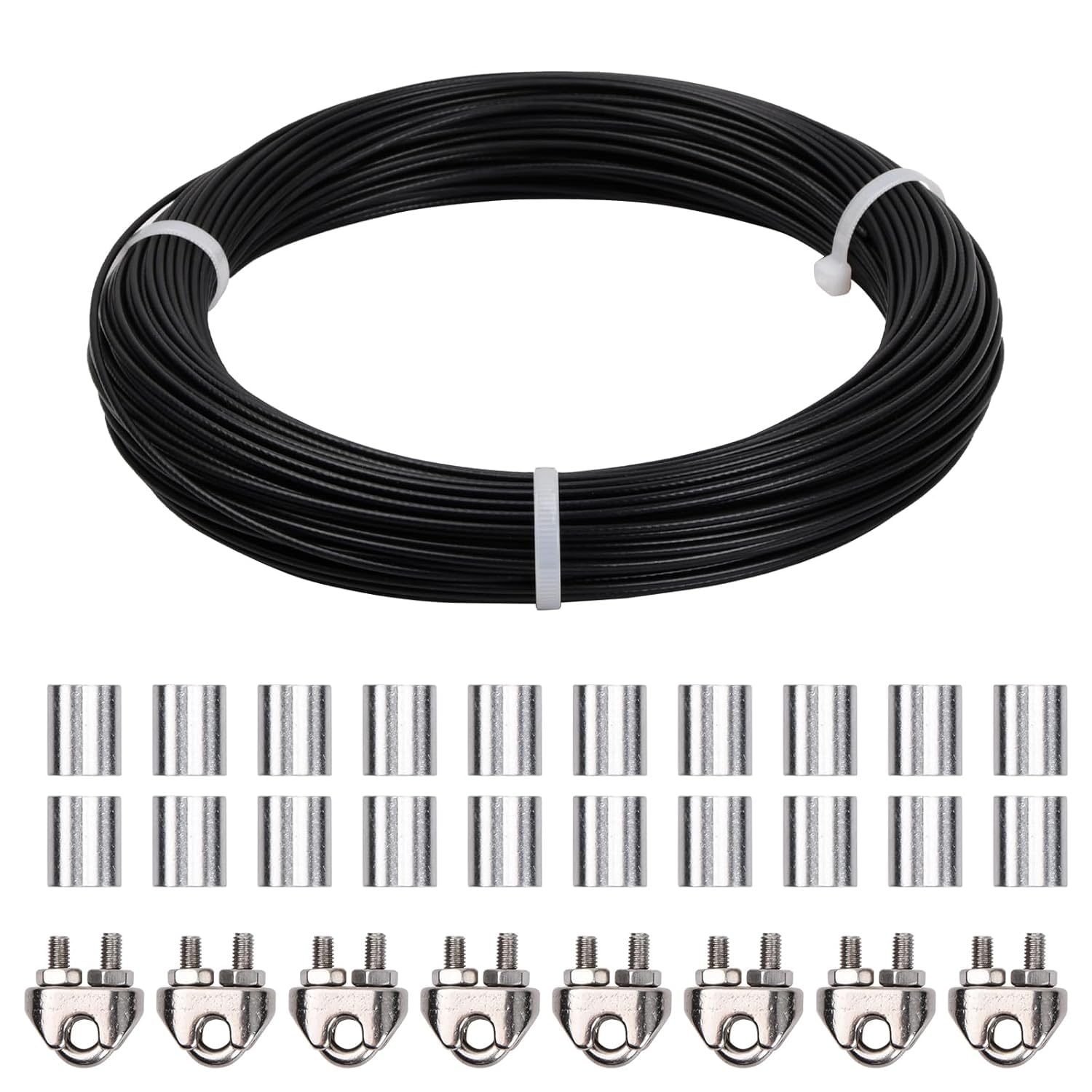 50m Câble Métallique 3mm, Câble Acier Inoxydable 7x7 PVC Enduit avec 8 Serre Câbles Acier, 20 Boucle de Sertissage en Aluminium, Fil de Suspension pour Cadre Rideaux Jardin Extérieur (Noir-3mm)
