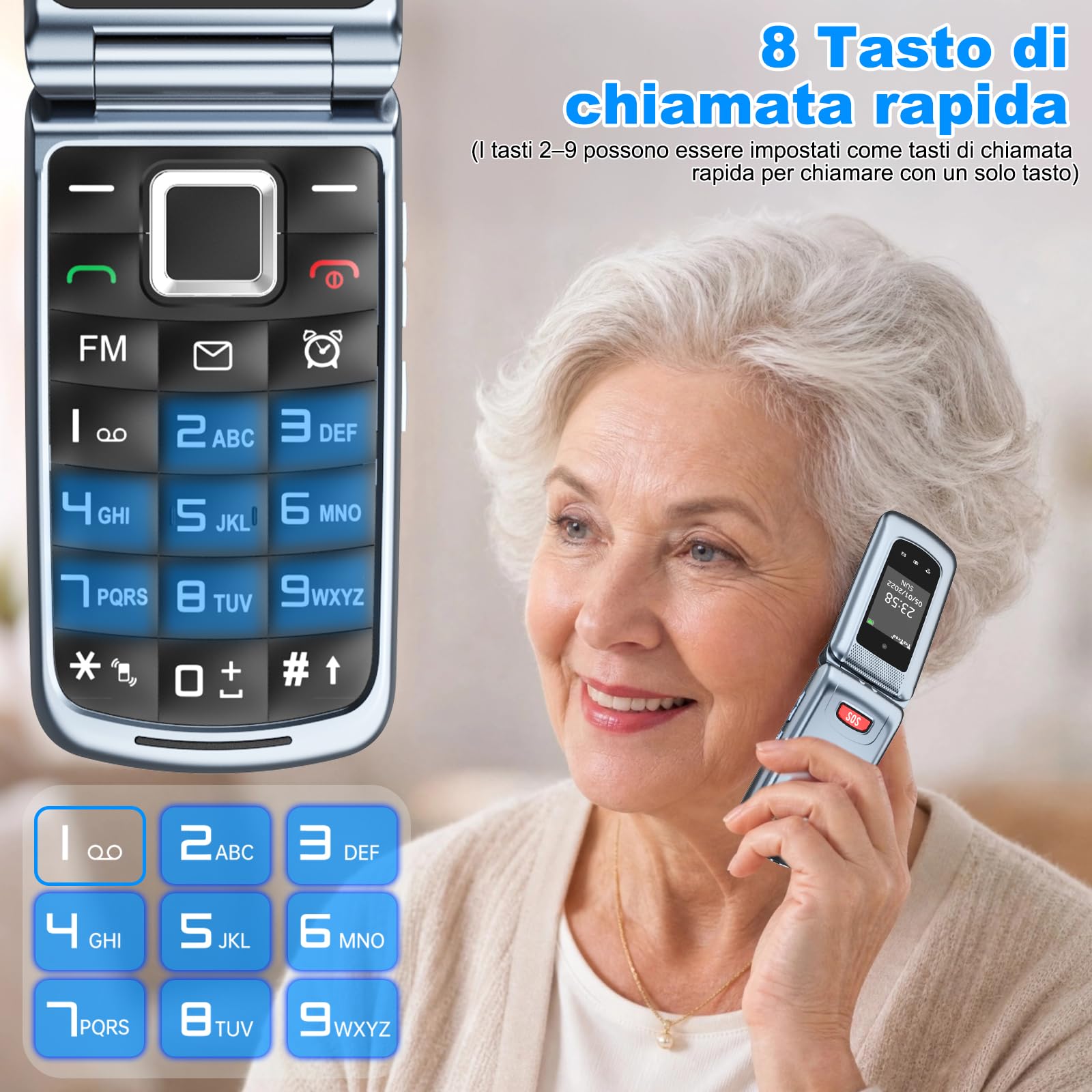 CHAKEYAKE 4G Telefono per Anziani, Cellulare per Anziani senza Contratto, Annuncio Vocale dei Tasti, Tasti grandi,Volume Elevato,Tasto SOS, Doppia SIM, Doppio Display 2,4 + 1,77", Grigio