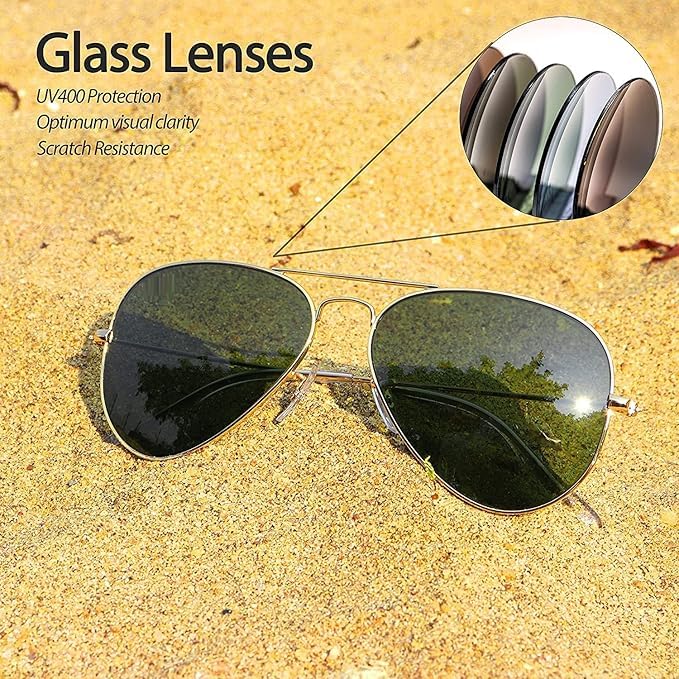 Image of ARICKS Classic Aviator Sunglasses for Men Women Driving Sun glasses Glass Lens 100% UV Blocking