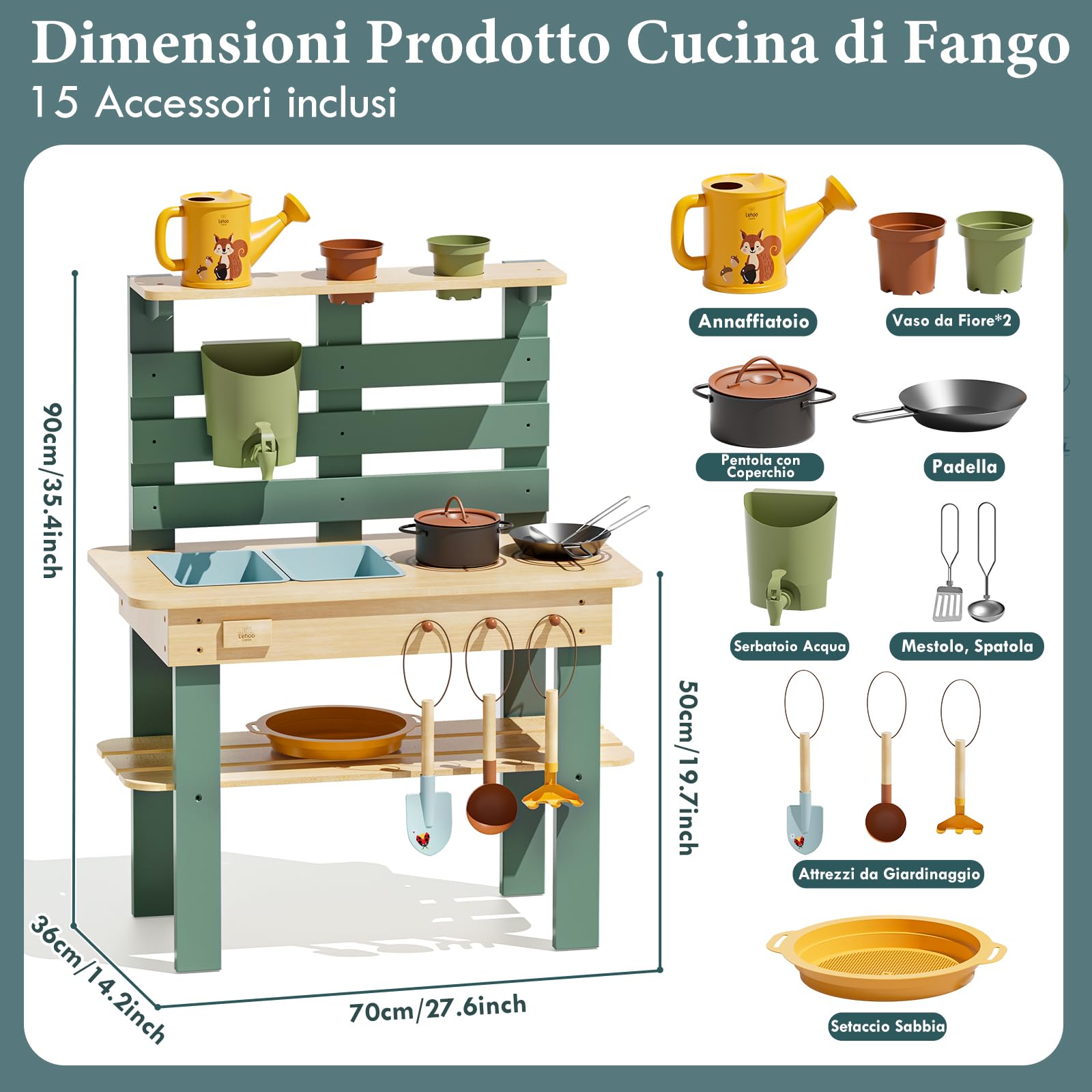 Lehoo Castle Cucina Bambini Legno - Mud Kitchen da Esterno con Lavello a Acqua Corrente, Giochi Sensoriali per Cucinare e Annaffiare, Giocattolo Montessori per Giardino 3+ Anni