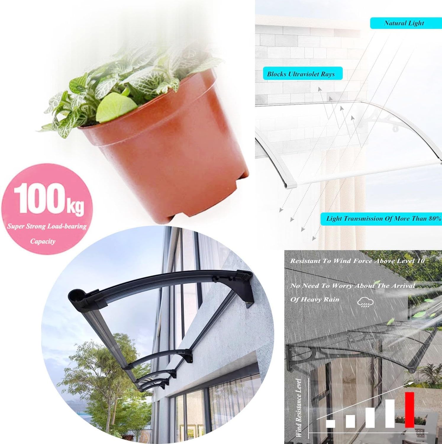 Clear Polycarbonate Door Window Awning Canopy Maintenance-Free Ideal for Rain Snow and UV Protection Customizable for Porch Patio Deck(70x127cm)