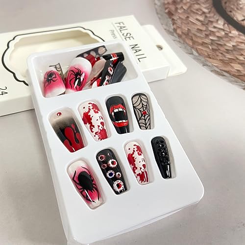 Miniatura 4 de Uñas postizas a presión para Halloween, diseño de telaraña, con forma de araña y gota de sangre, uñas largas de terror, uñas artificiales para el