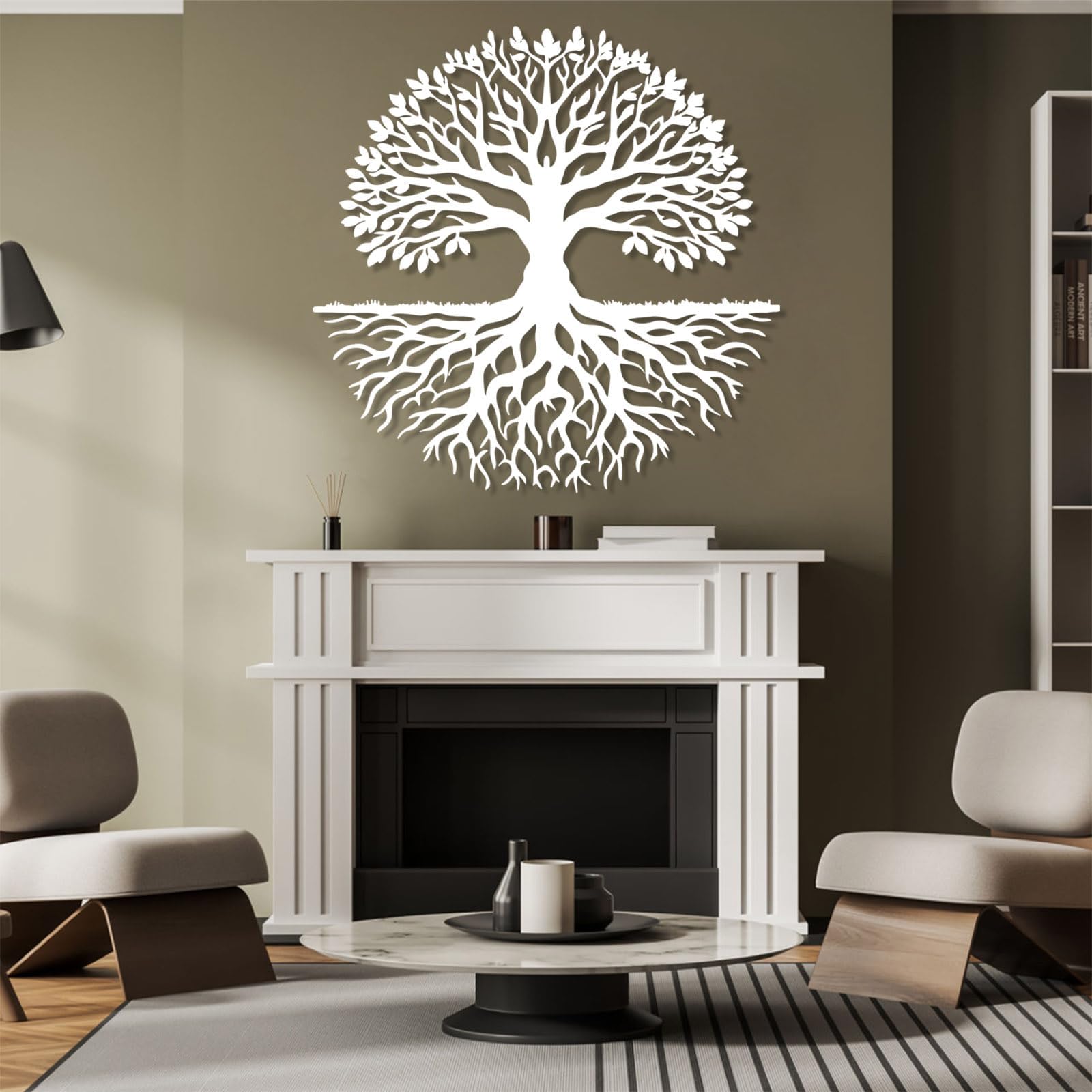 Metal White Tree of Life Wall Art, Metal Roots Branch Silhouette Outdoor Art Wall Decor, Tree of Life Artwork Decoration Modern Sculpture for Living Room,Bedroom Hallway and Stairs Nature