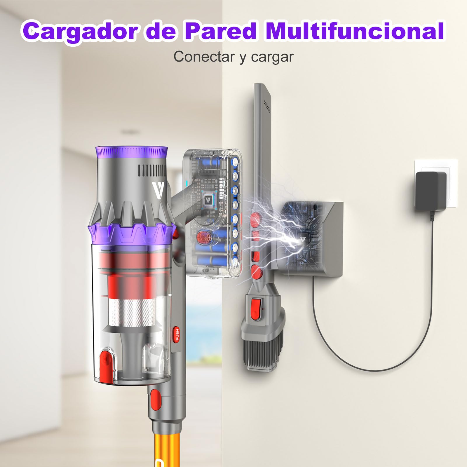 coovy SU7 Aspiradora sin Cable 580W/55Kpa/75Mins, Aspirador Escoba Vertical Potente con Pantalla Táctile LED, Antienredo y Modo Automático para Suelo Alfombras y Pelos de Animales