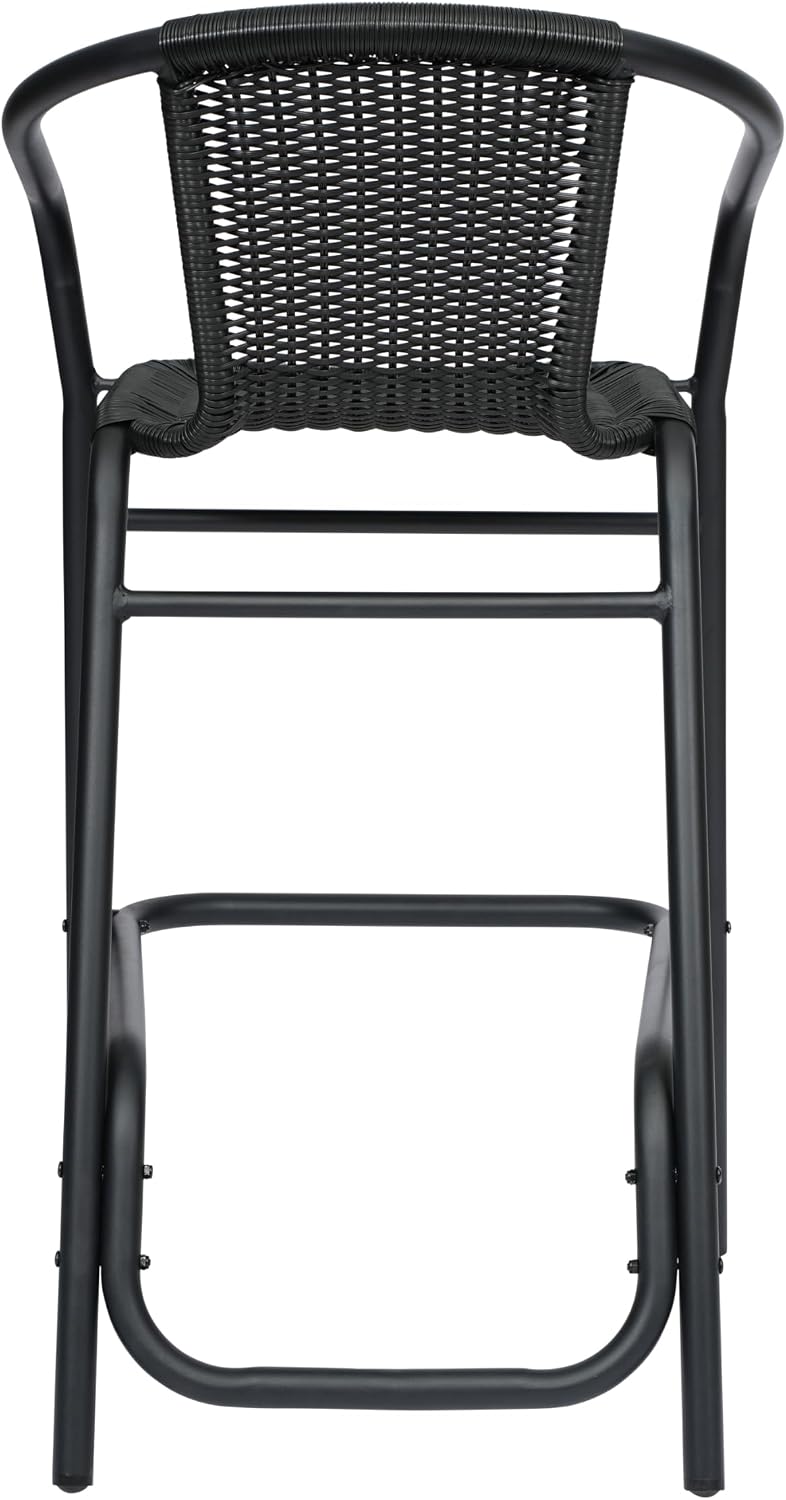 Flash Furniture Lila Commercial Grade Rattan Indoor-Outdoor Commercial Restaurant Barstool - Rattan Seat and Back - Footrest - Black - 4 Pack