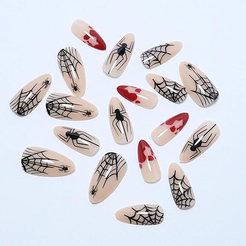 Miniatura 3 de 24 uñas postizas de Halloween a presión de almendra, medianas, diseño de telaraña, diseño de gotas de sangre, pegamento acrílico, cobertura