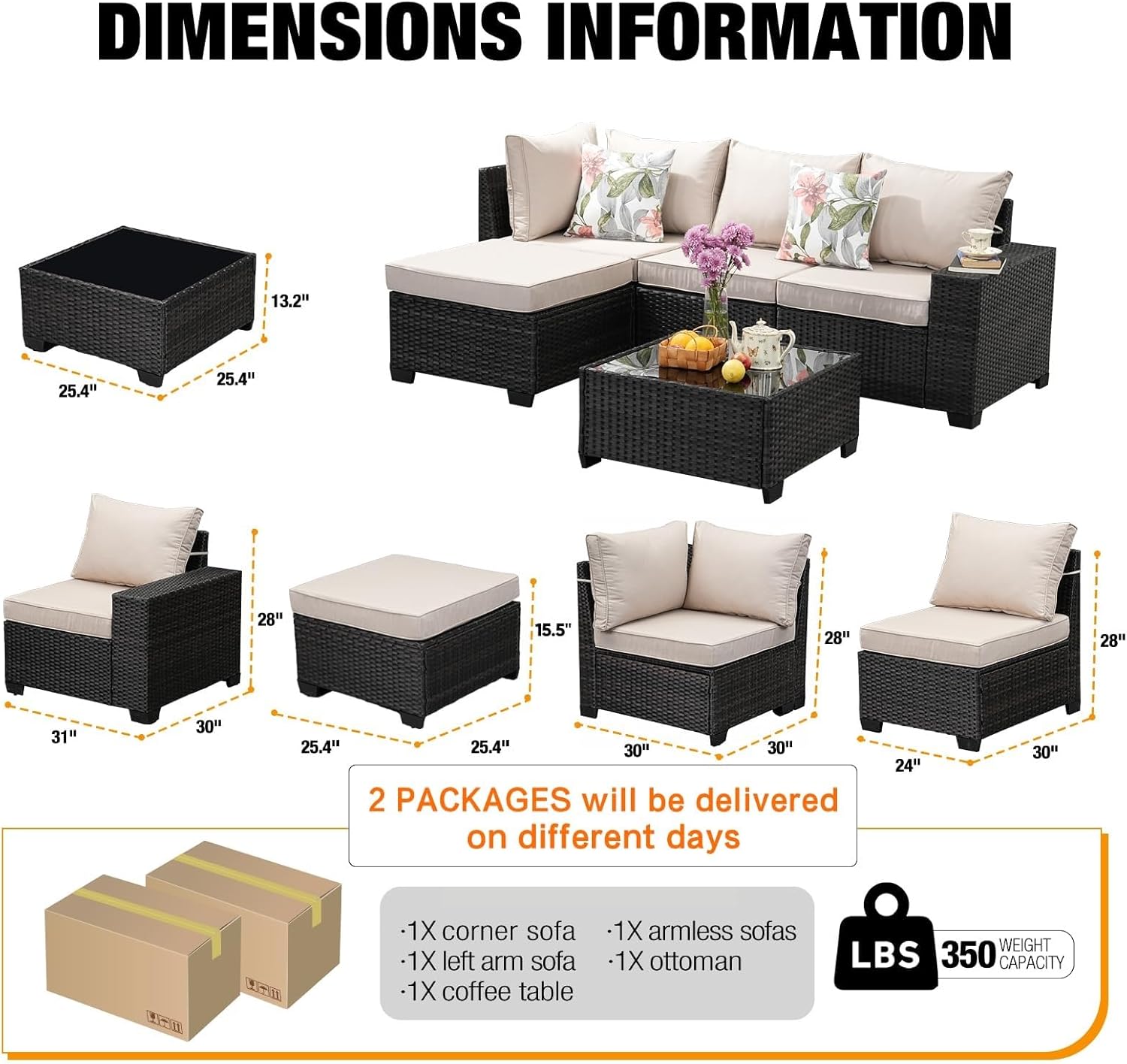 5 Pieces Patio Furniture Set with Cushion and Glass Table and Ottoman Rattan All-Weather Outdoor Wicker Sectional Conversation Sofa for Porch Poolside Balcony(Beige)