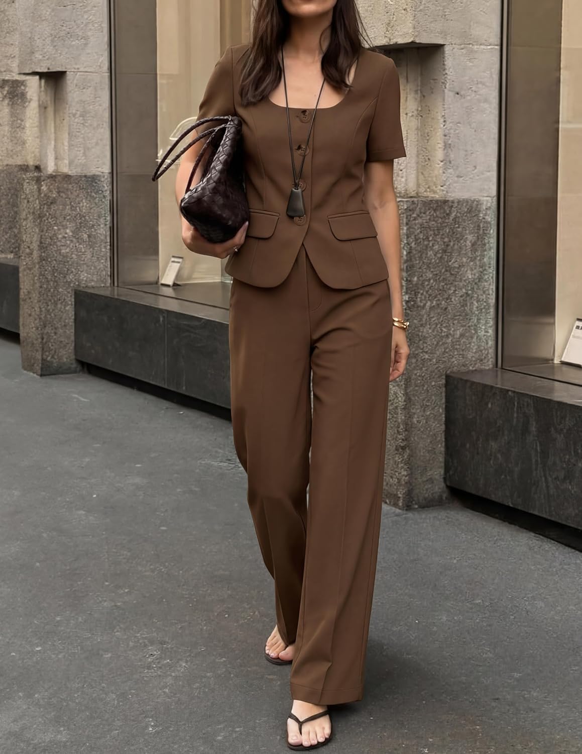 ZESICA Women's Summer Two Pieces Suits Set 2026 Short Sleeve Blazer Wide Leg Pants Business Casual Outfits Sets