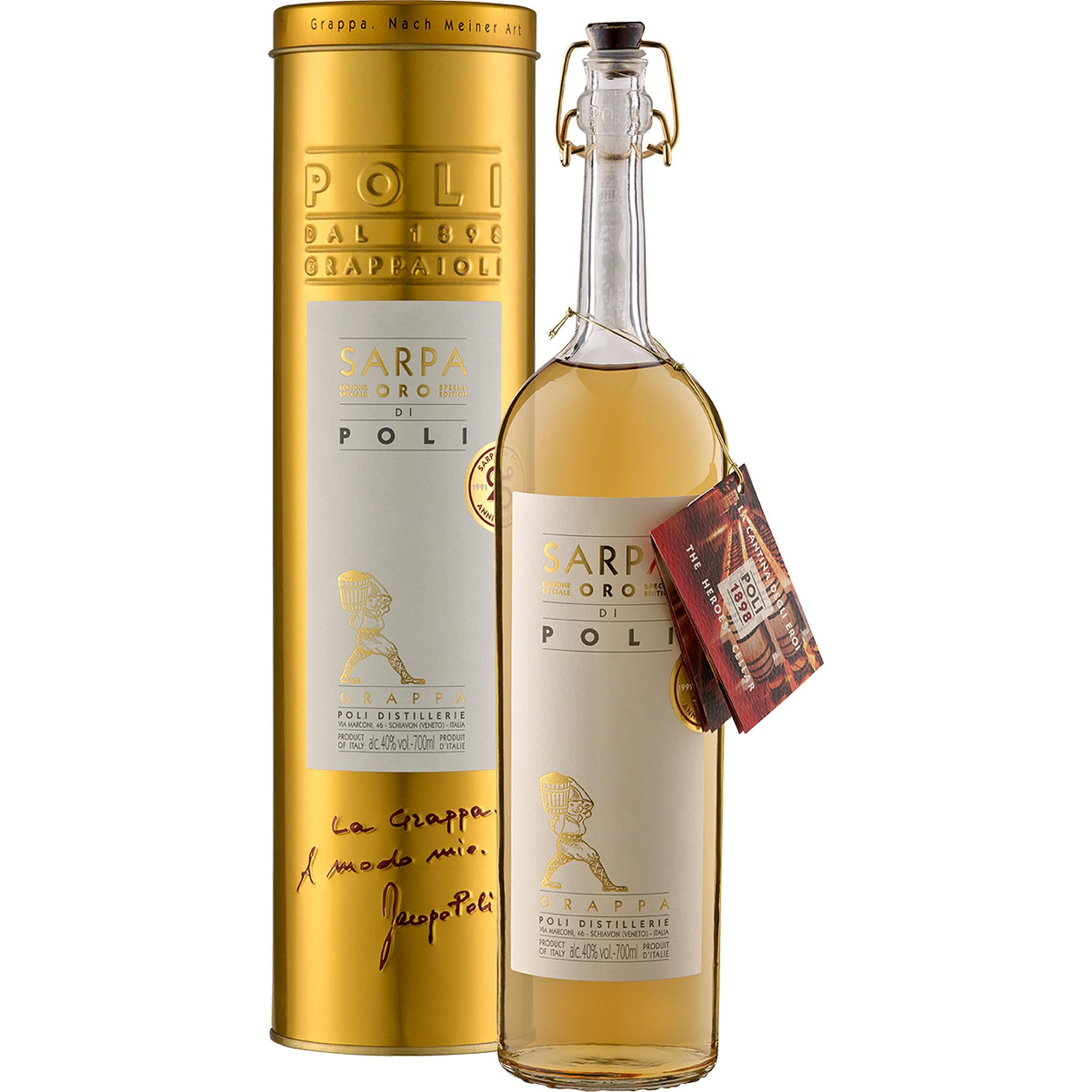 Jacopo Poli Grappa Sarpa Barrique Oro di Poli in Geschenkröhre trocken Italien inkl. FeinWert E-Book (1 x 0.7 l)