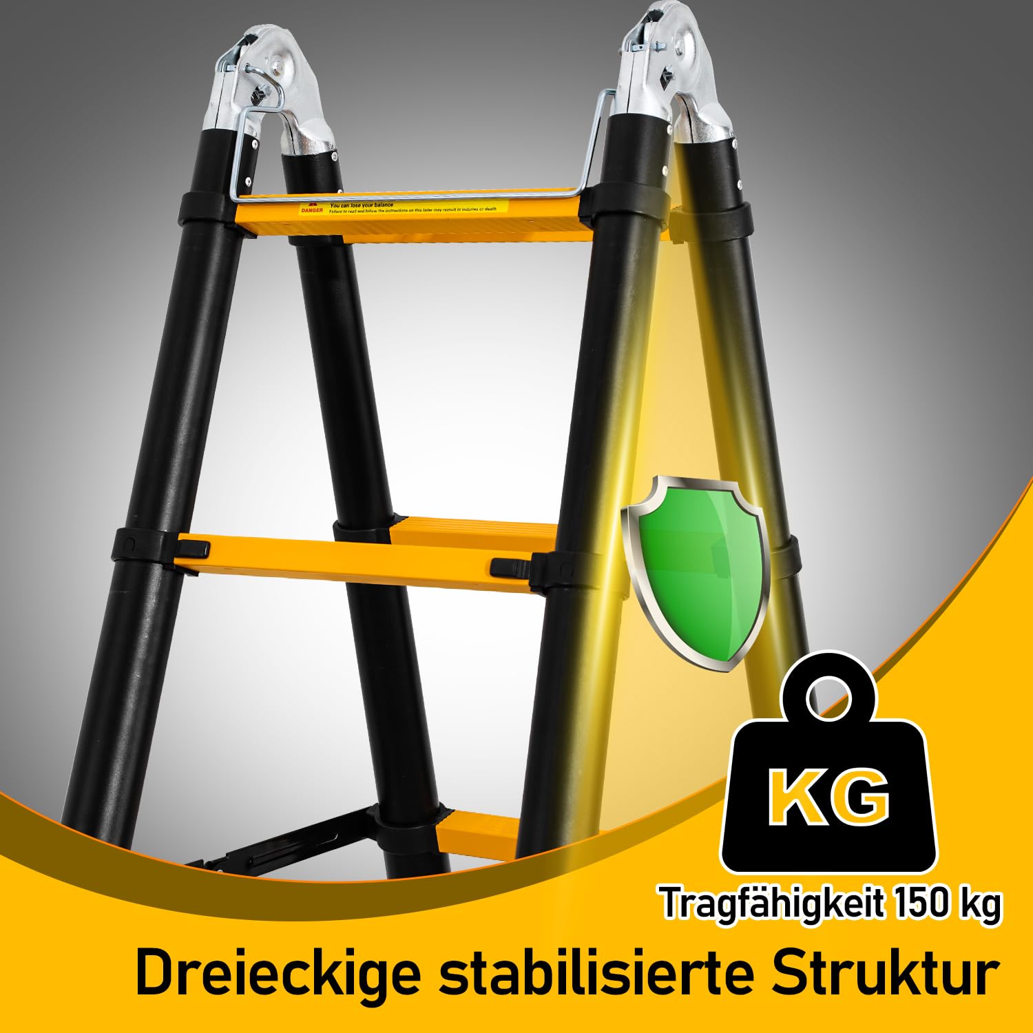 Eulenke teleskopleiter klappleiter 2,5M+2,5M Aluleiter 8+8 Stufen Stehleiter Klappleiter, 150 kg Belastbarkeit, Teleskop Ausziehleiter Haushaltsleiter, Leiter ausziehbar Schwarz Gelb