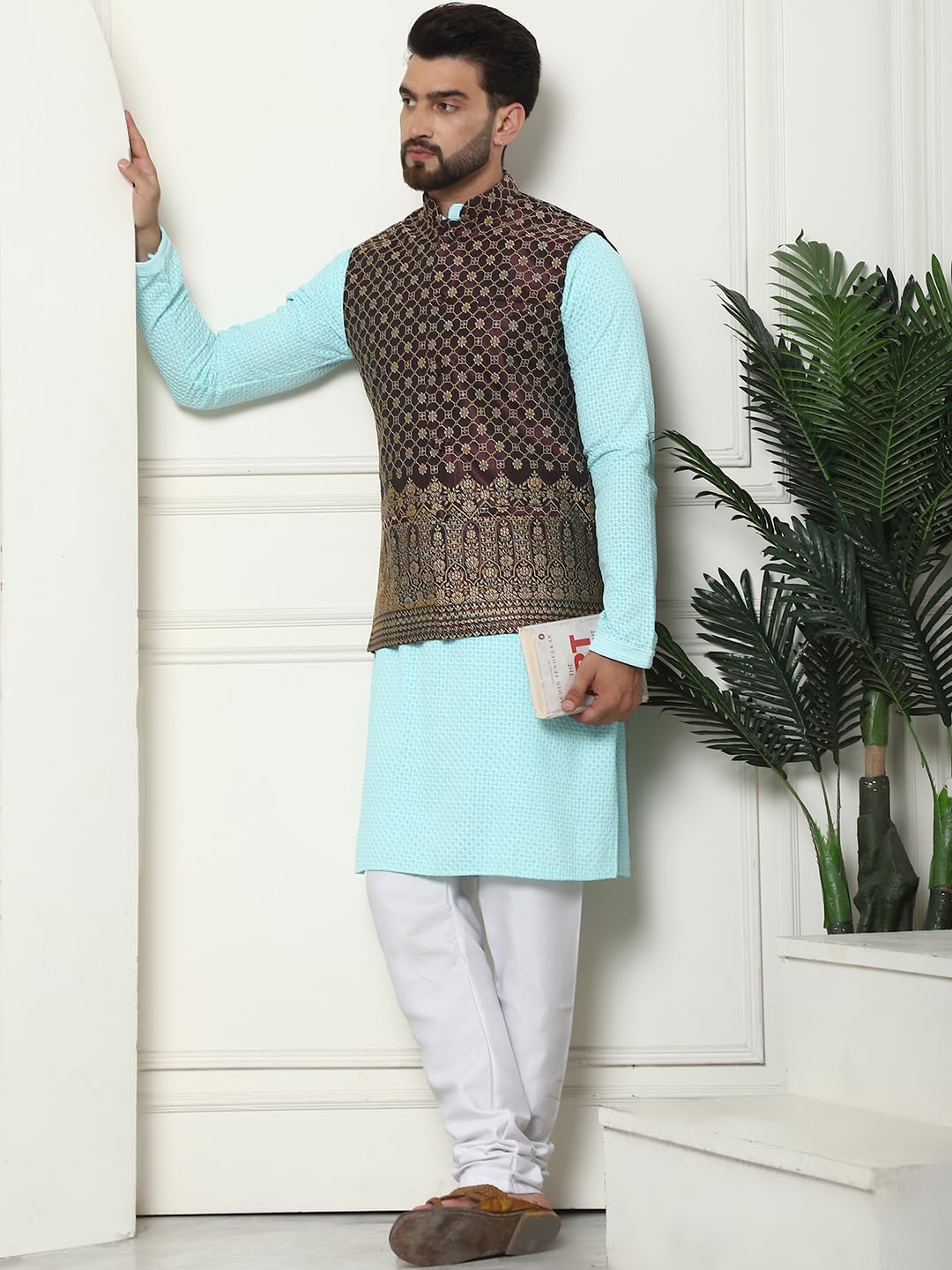 Sojanya (Since 1958 Men's Pure Cotton Sky Blue Kurta And White Pyjama With Wine Nehru Jacket