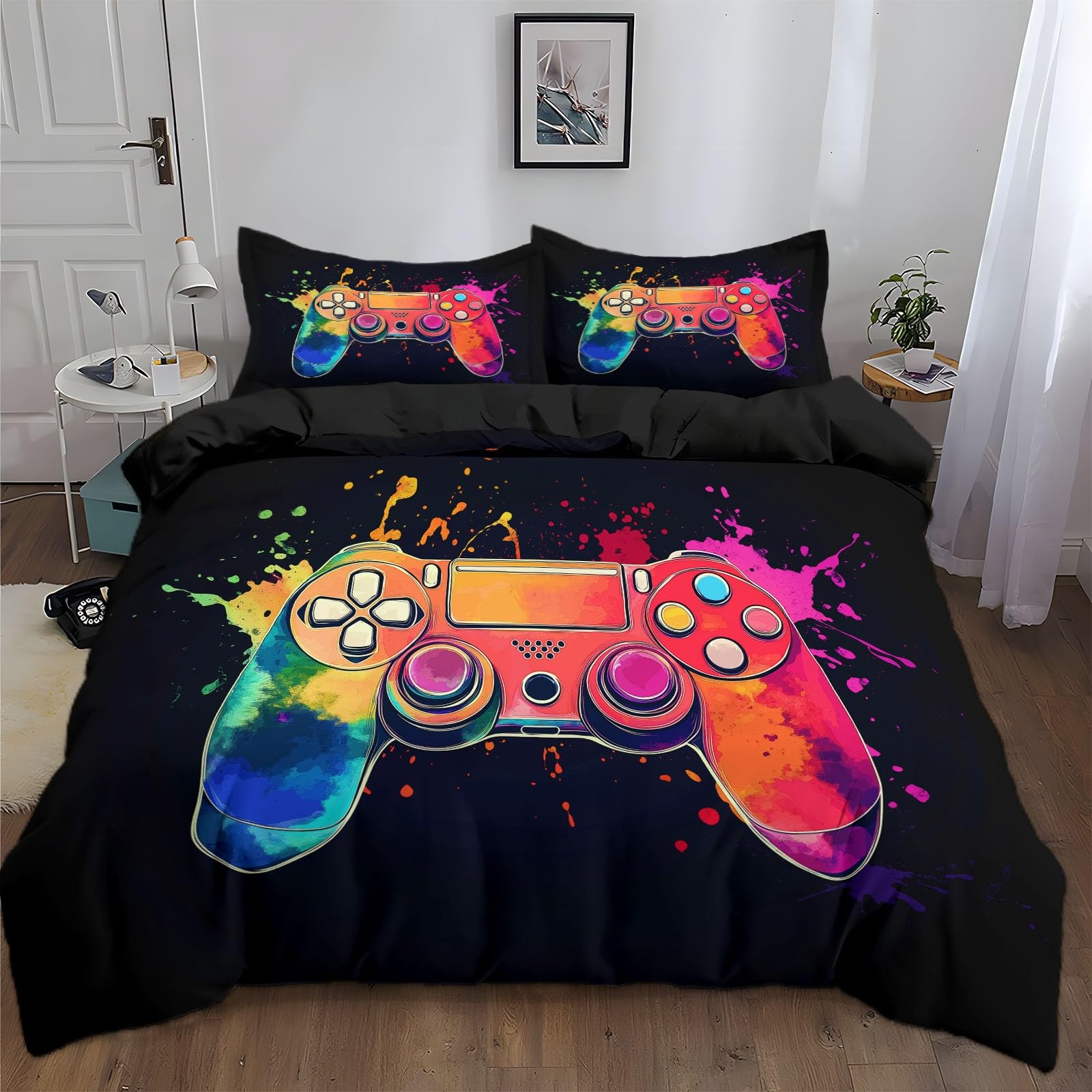 Générique 3-częściowy zestaw pościeli w stylu akwareli gamepad, czarna poszwa na kołdrę dla 2 osób 240 x 260 cm wystrój pokoju dziecięcego - miękka hipoalergiczna poszwa na kołdrę z mikrofibry