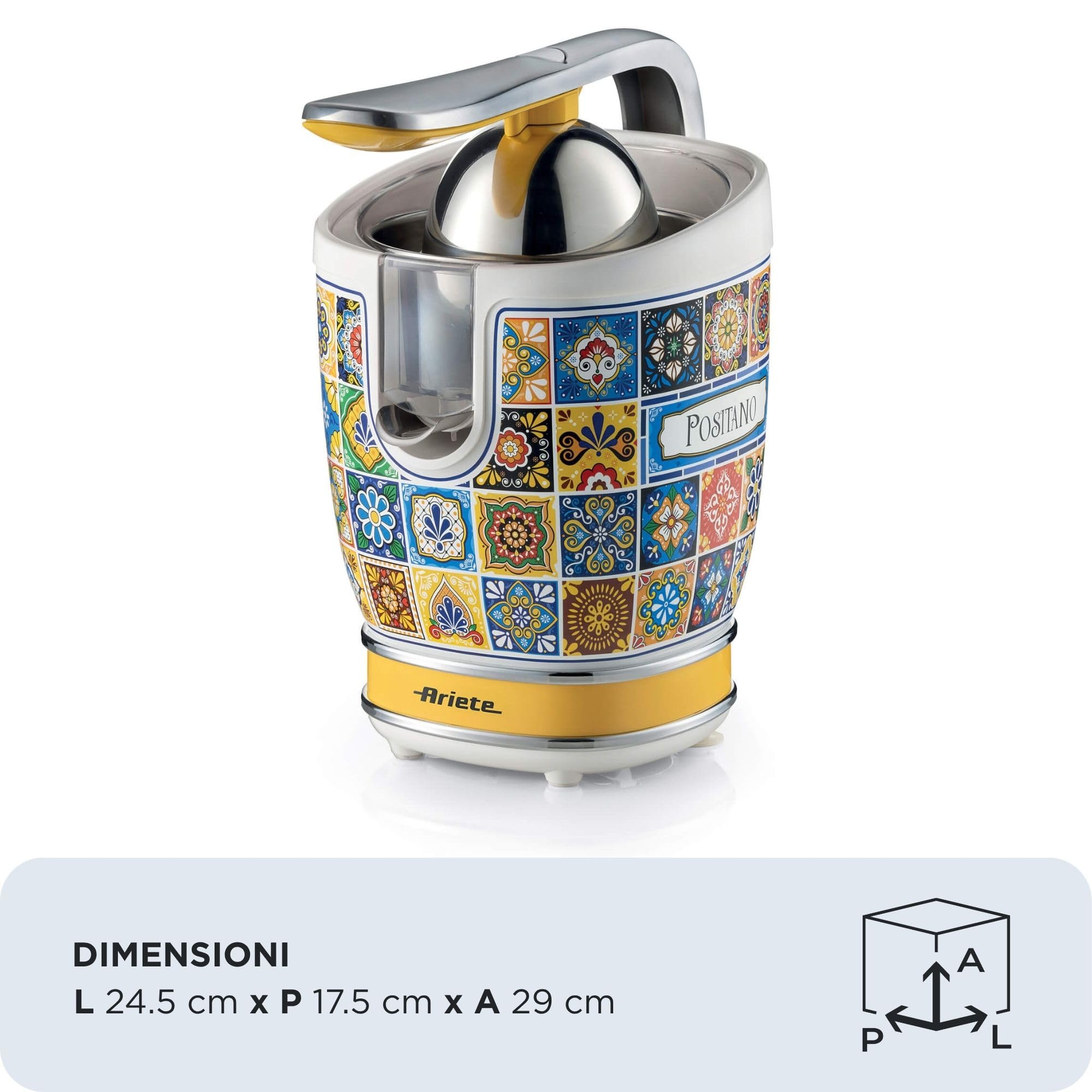 Ariete 413, Spremiagrumi Positano, Spremiagrumi Elettrico con Leva Professionale, 2 Coni per Frutti Grandi e Piccoli, Beccuccio Salvagoccia, Motore Silenzioso, Spremitura Professionale, Corpo in Metal