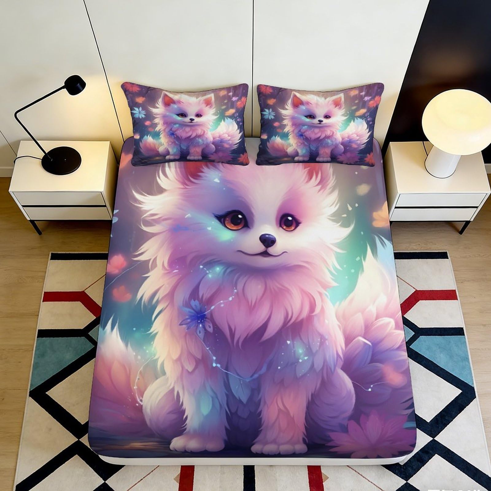 3D Printed Fantasy Cat Fitted Sheet Microfiber Pastel Animal Mattress Cover for Bedroom Guestroom Home Decor 90x200x25cm