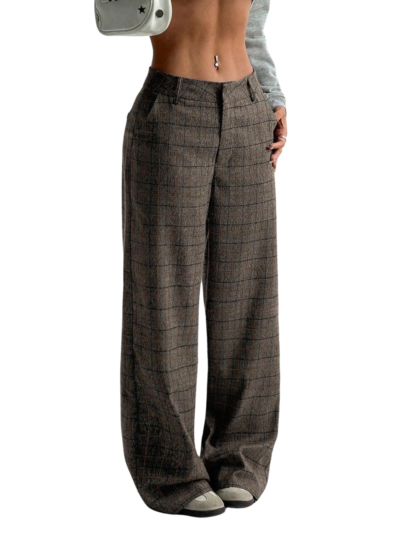 GORGLITTER Damen Vintage Karierte Hosen mit Tasche Drop Waist Weite Hose Freizeithose mit Knopf Retro Casualhose mit Reißverschluss Streetwear