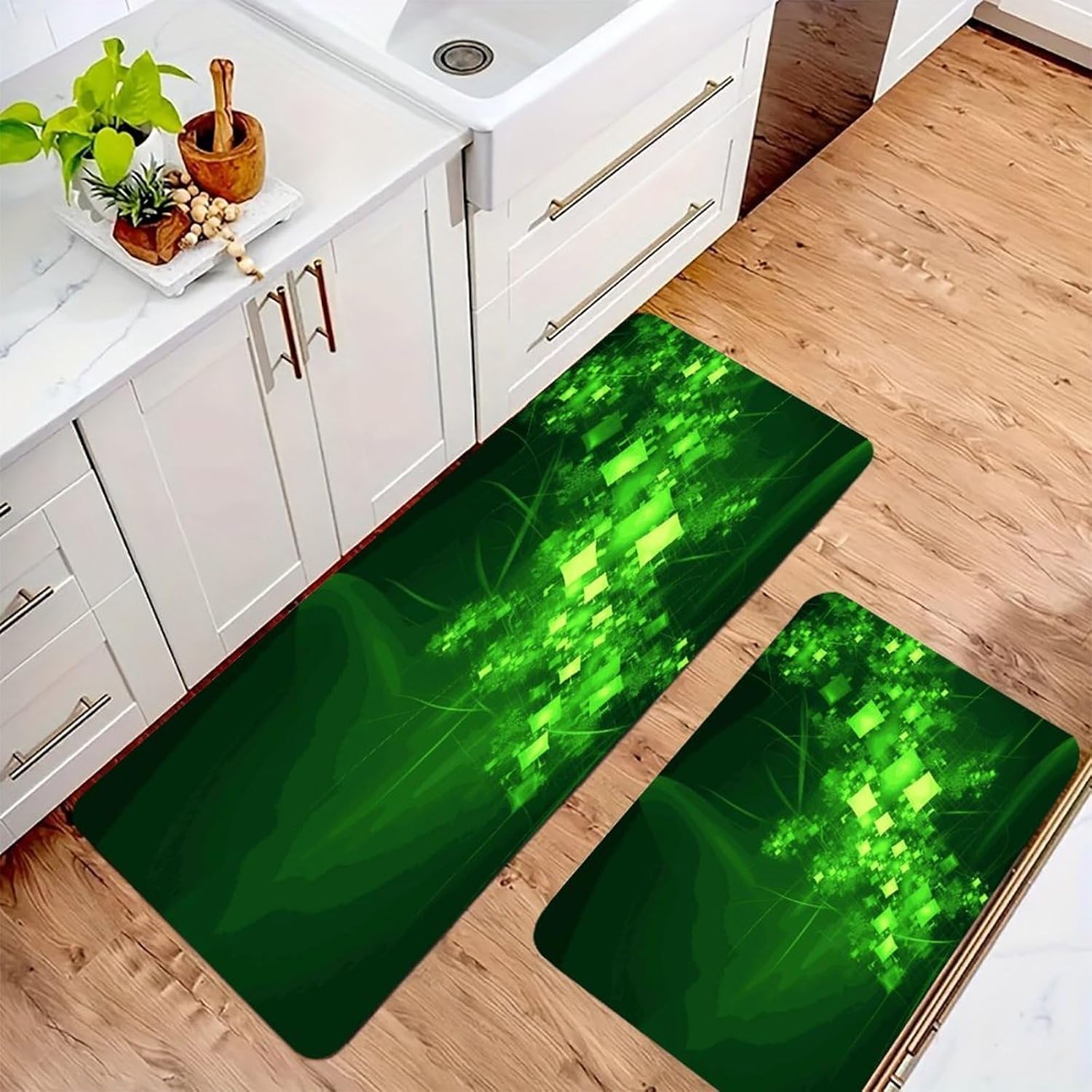 Green Digital Art Kitchen Mats with 2PCS Non-Slip Washable,Kitchen Rug Heavy Duty Durable, Floor Mats for Kitchen,Office,Sink,Laundry
