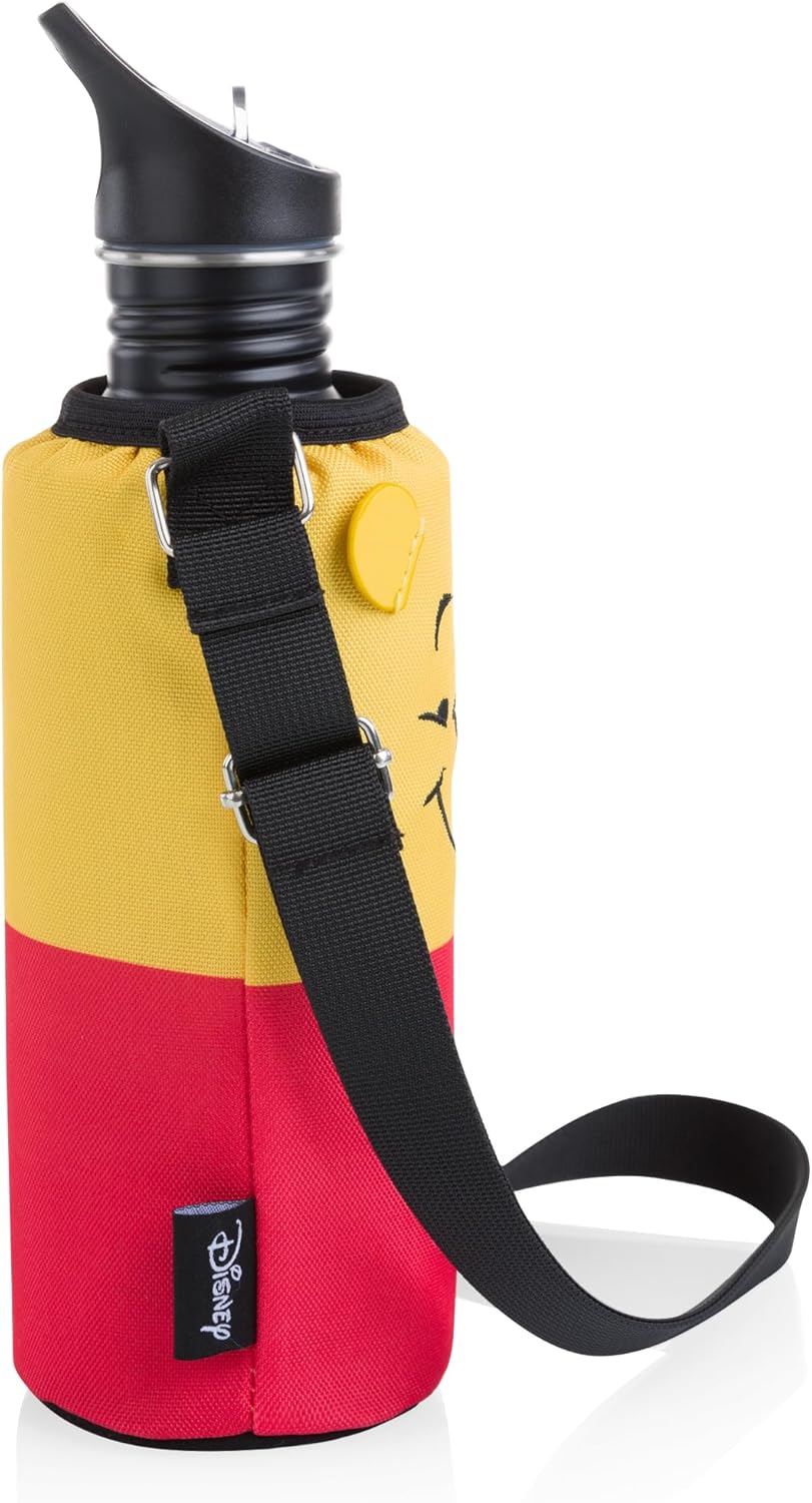 Picnic TIME Disney Winnie The Pooh Bottle Cooler Tote with Included 24 oz Bottle, Insulated Water Bottle Holder with Adjustable Shoulder Strap, Fits 20 to 32 oz Bottles, (Red & Yellow)