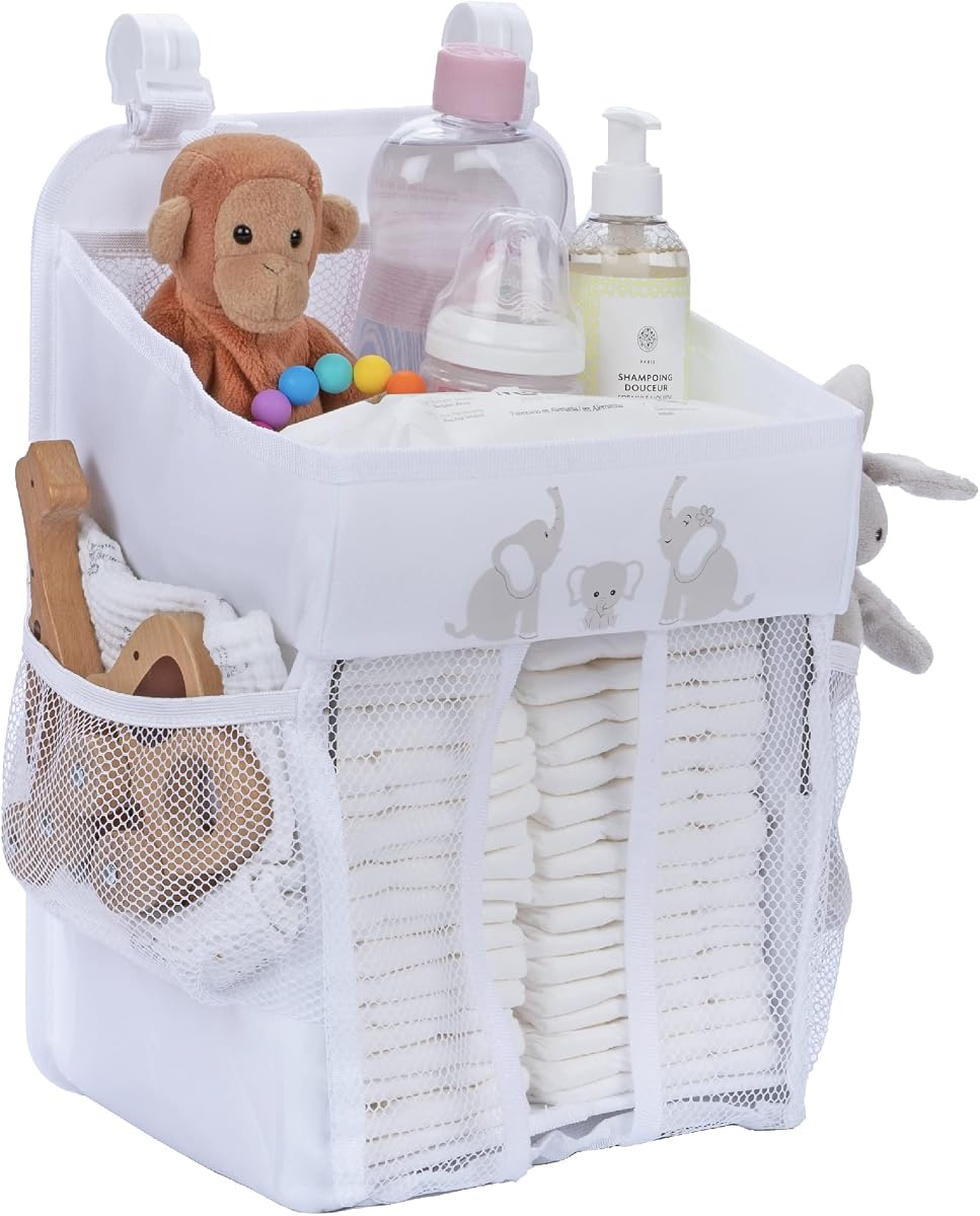 Organizador colgante para pañales para bebé, organizador de pañales, artículos esenciales para bebé para guardería de recién nacidos, capacidad para más de 50 pañales, 17x9x9 pulgadas, blanco