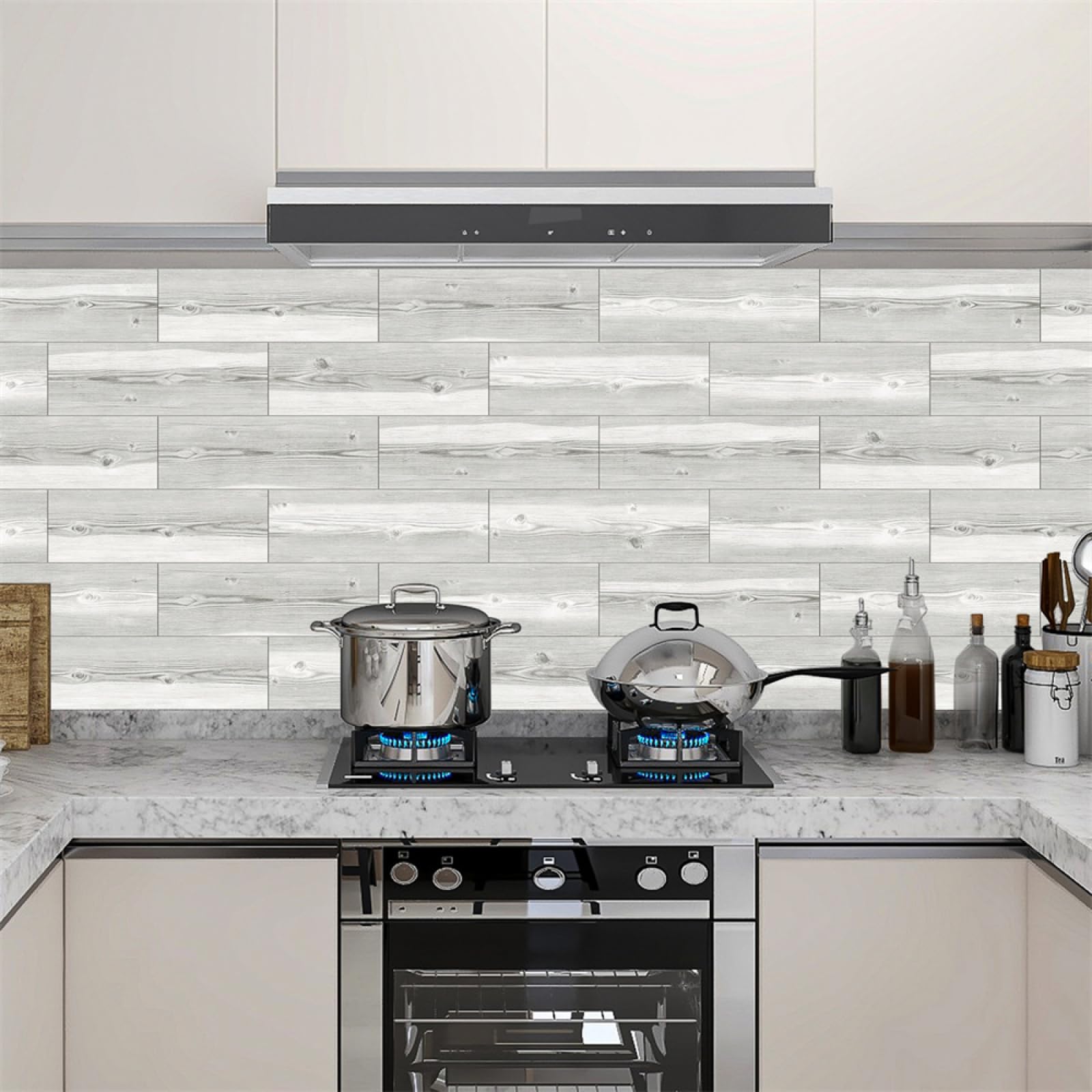 Adesivi Murali Grigio Avorio Bianco Pavimento PVC Adesivo Piastrelle Adesive Cucina Impermeabile Adesivi Murali Cucina Durevole Piastrelle Adesive Paraschizzi Cucina Adesivo 10x30cm/27 Pcs
