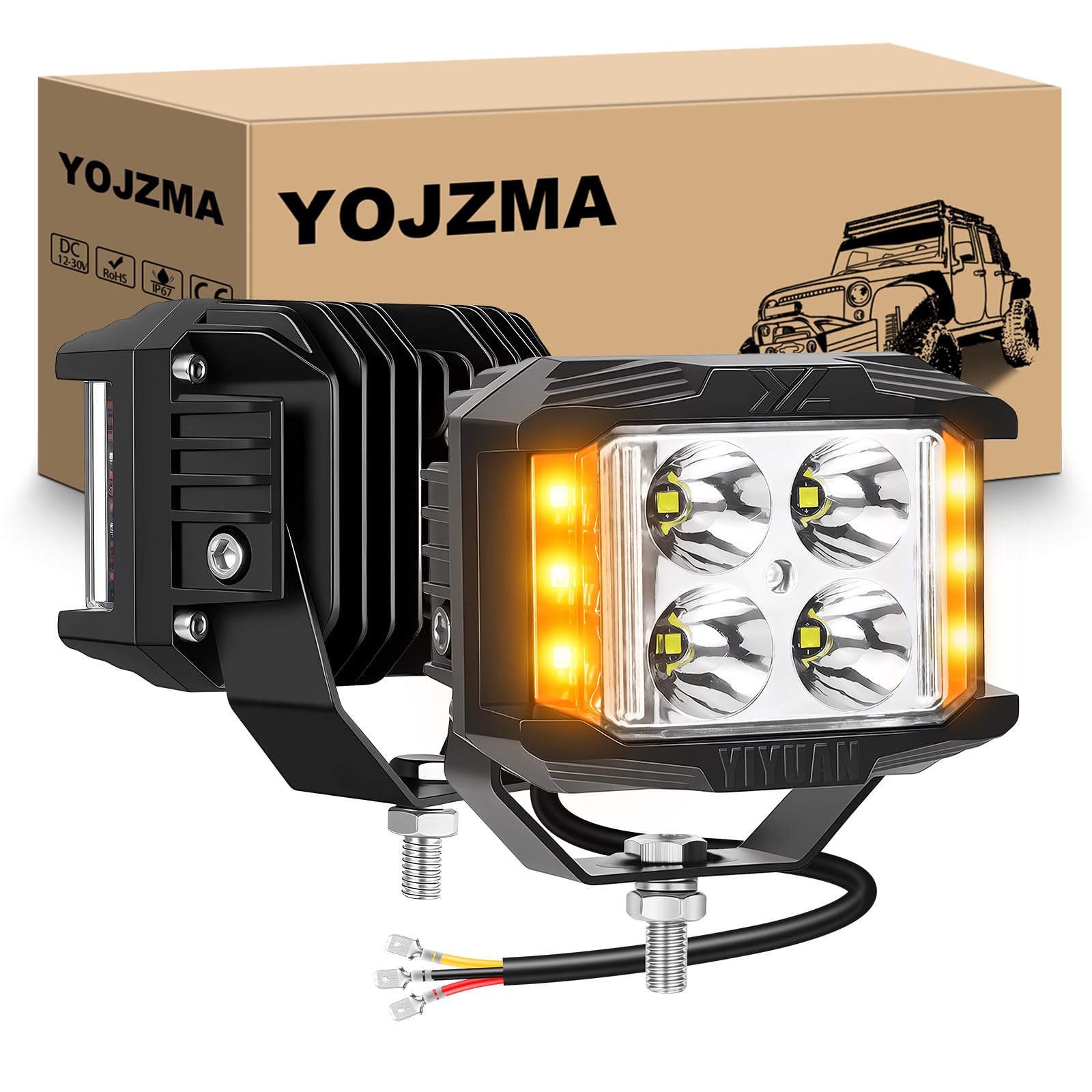2 szt. 4 cali 10 cm 35 W potrójny reflektor LED, reflektor przeciwmgielny / powódź, bursztynowy i biały 12 V 24 V do ciężarówki ATV SUV UTV łódź 4 x 4 dach, galeria, zderzak, kaptur