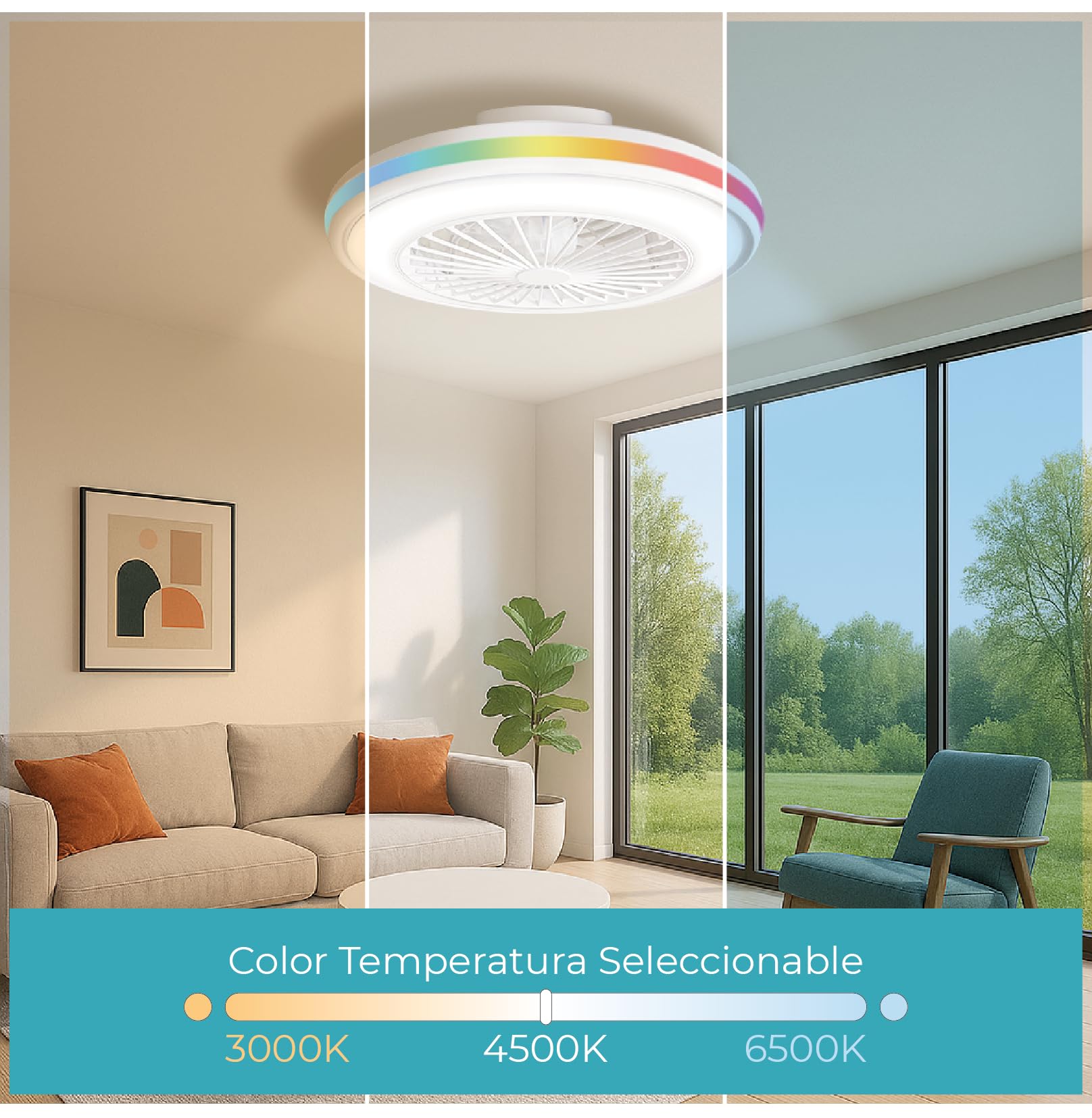 LED ATOMANT Ventilador Techo con Luz LED Ø50cm 63W CCT y RGB Regulable | 5000 Lumenes, Mando a distancia, Modo verano/invierno, 6 velocidades