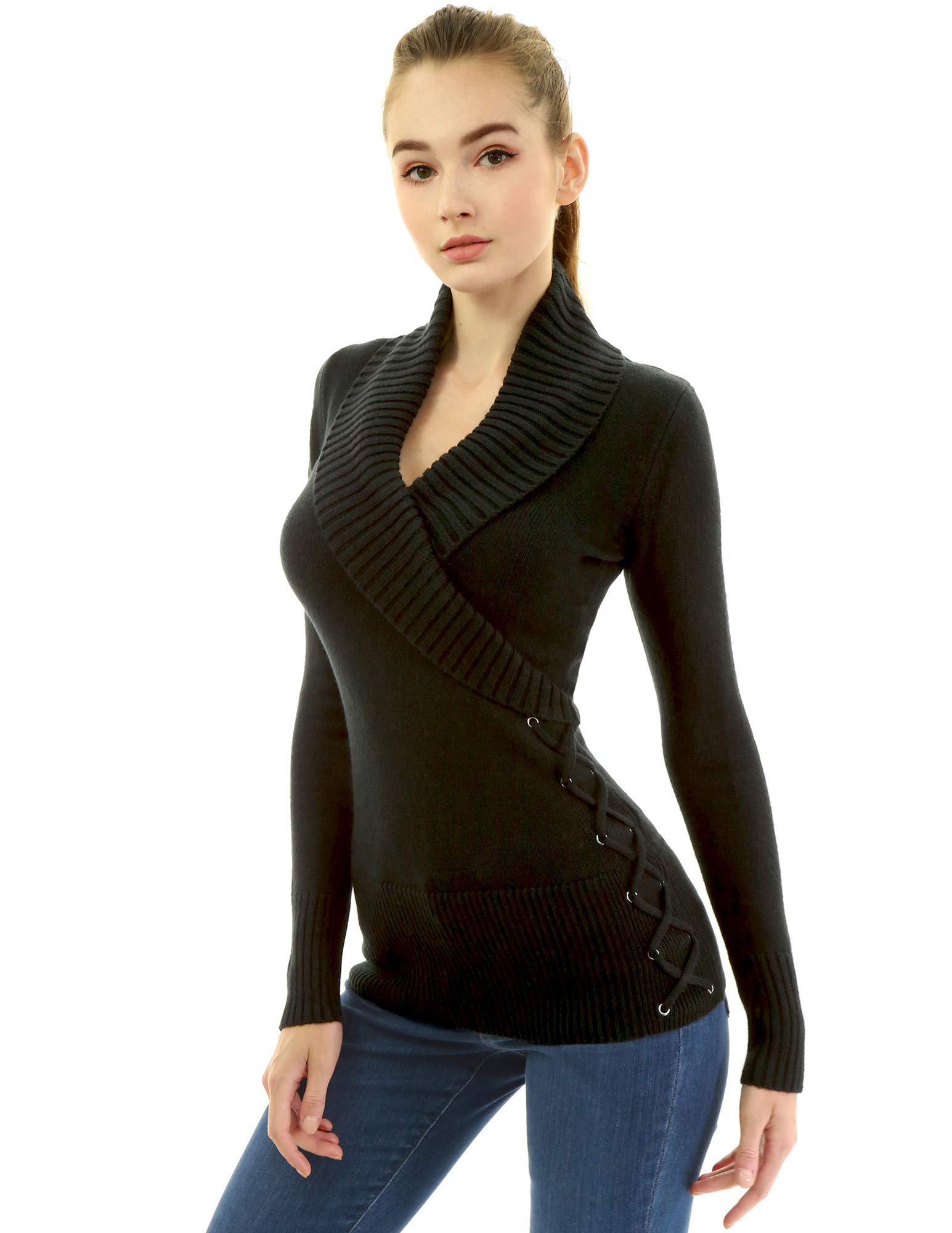 AmélieBoutik Women Shawl Collar Faux Wrap Lace Up Jumper - Black - Medium