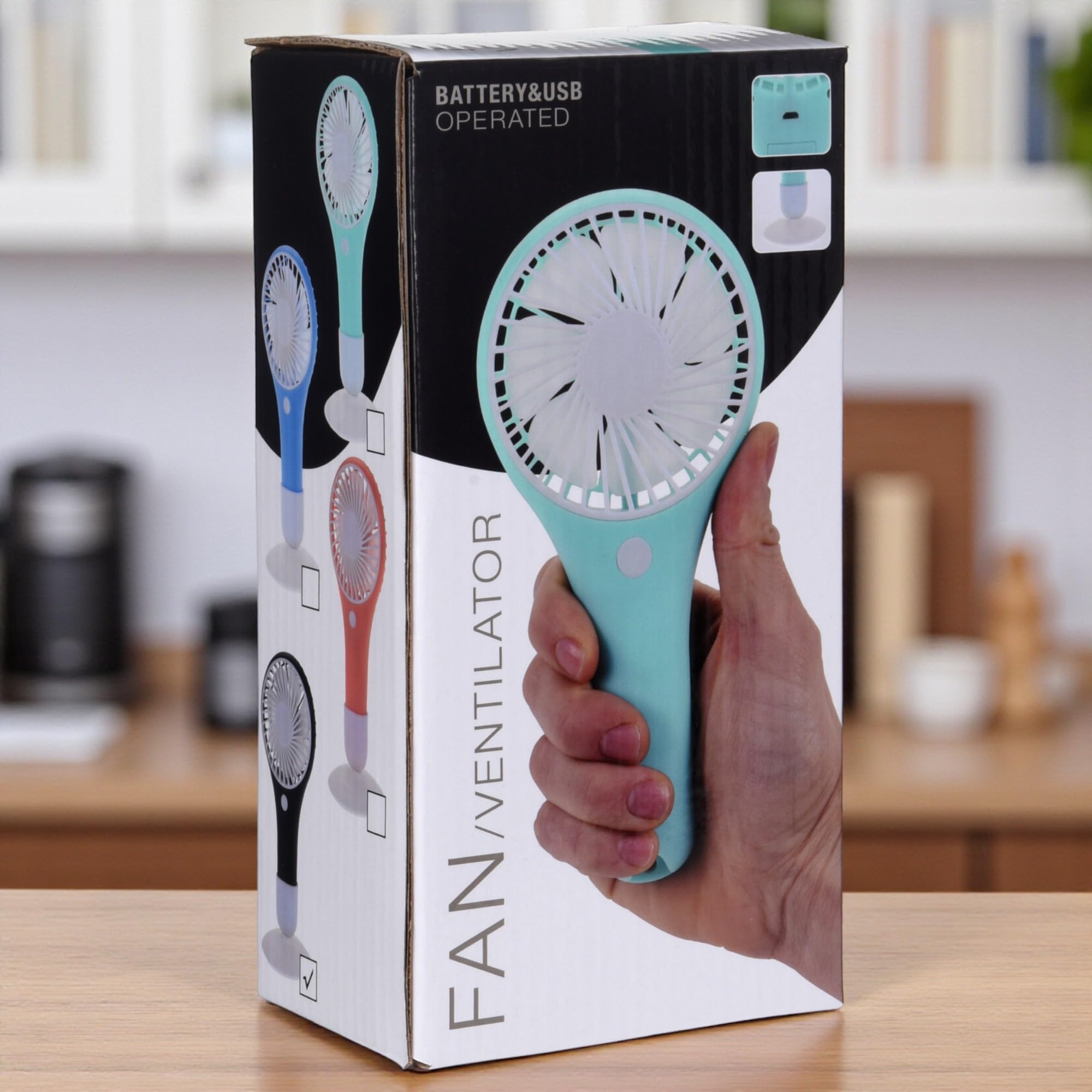 MIJOMA Wentylator ręczny – przenośny mini wentylator zasilany bateriami, ABS, 3 × AAA, port USB, z podstawką, kompaktowy 10 x 7 x 19,5 cm – mobilny wentylator stołowy i podróżny (miętowo-zielony)