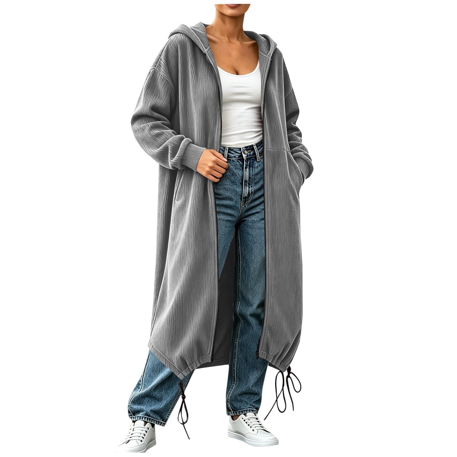 Damen Langarm Strickjacke mit Kapuze, Maxi-Länge