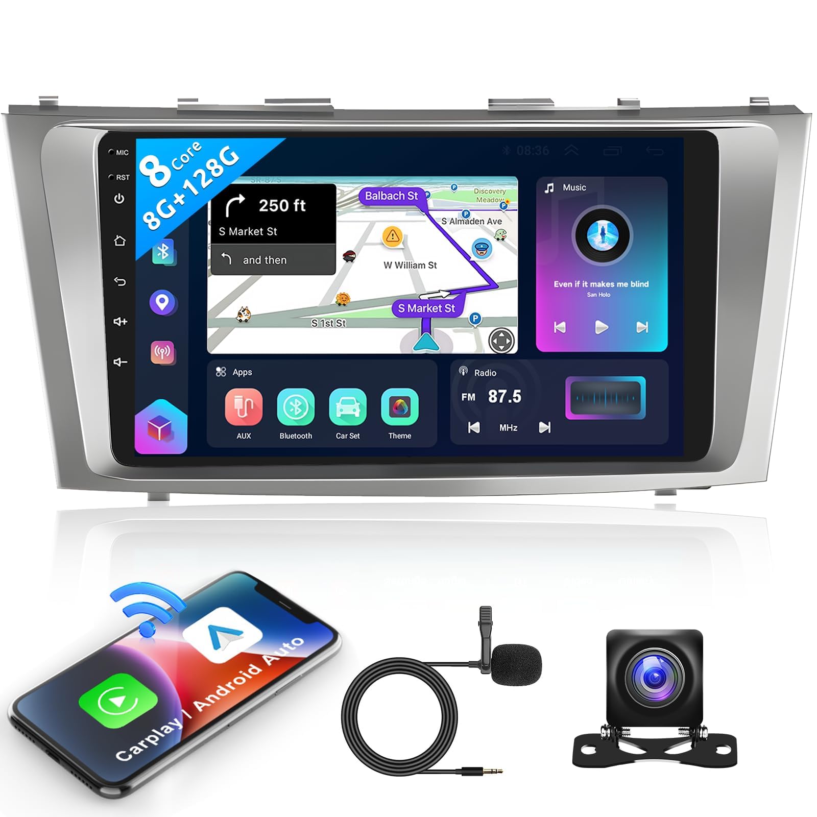 8-Core 8+128G Android Car Radio Stereo for Toyota Camry 2006-2011 with Wireless Carplay Android Auto, 9 Inch QLED Touch Screen, WiFi/4G, GPS Navi, DSP/Hi-Res, AM/FM, Bluetooth 5.0, Backup Camera