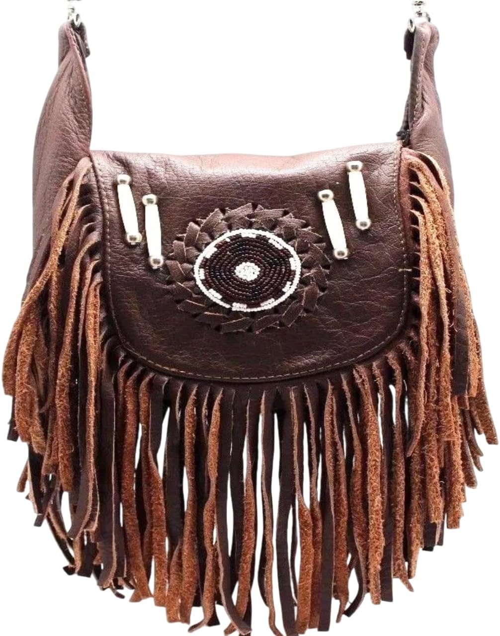 Women’s Genuine Leather Crossbody Belt Bag with Fur Fringe, Braided Bead Handcrafted Design, Clip-On Hip Fanny Pack with Jeans Loop, (J2400LB, Brown)