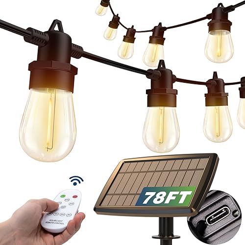 addlon Tira de luces solares de 78 (72+6) pies, impermeable, con puerto USB y control remoto, luces solares para patio, larga duración de más de 20